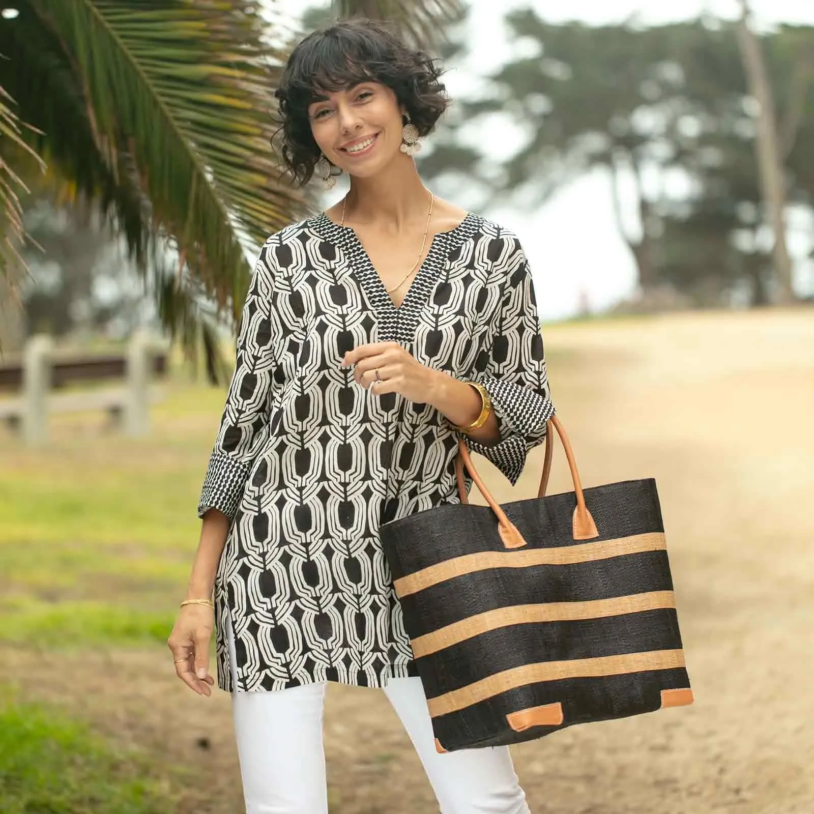 Raffia Black Beach Stripe Tote  with Leather Handle