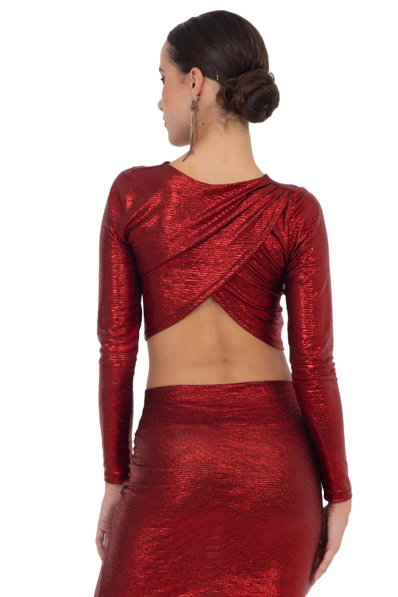 Red Metallic Long Sleeve Crop Top