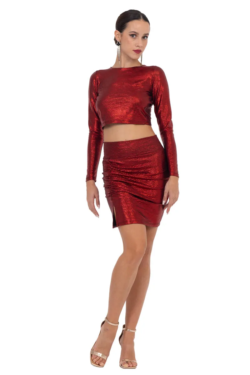 Red Metallic Long Sleeve Crop Top