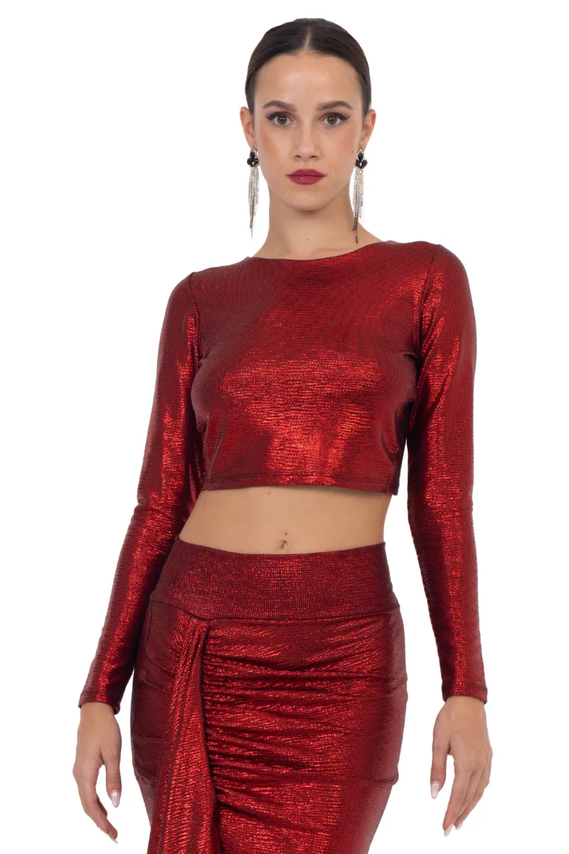 Red Metallic Long Sleeve Crop Top