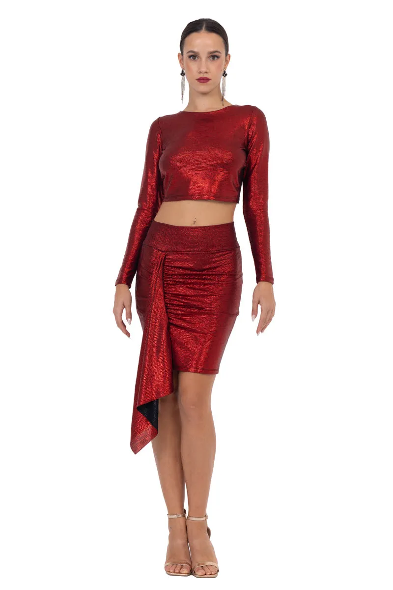 Red Metallic Long Sleeve Crop Top