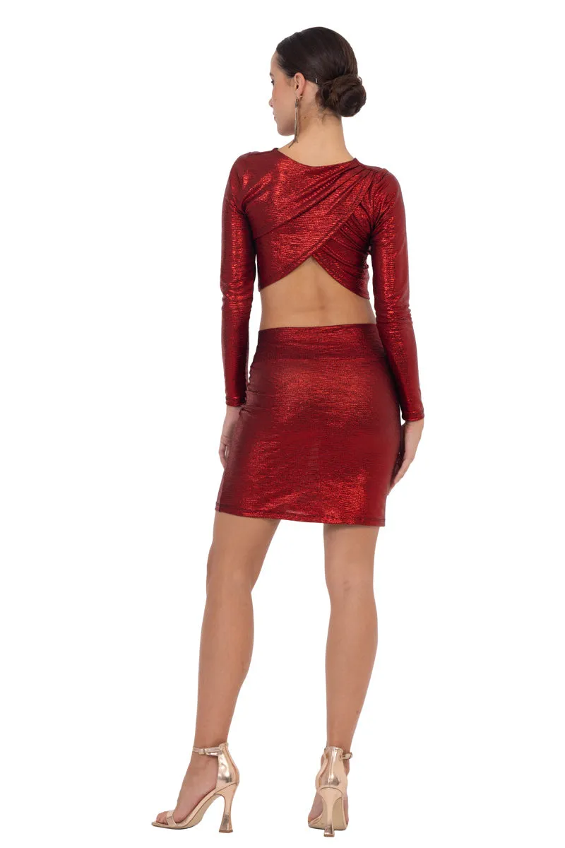 Red Metallic Long Sleeve Crop Top