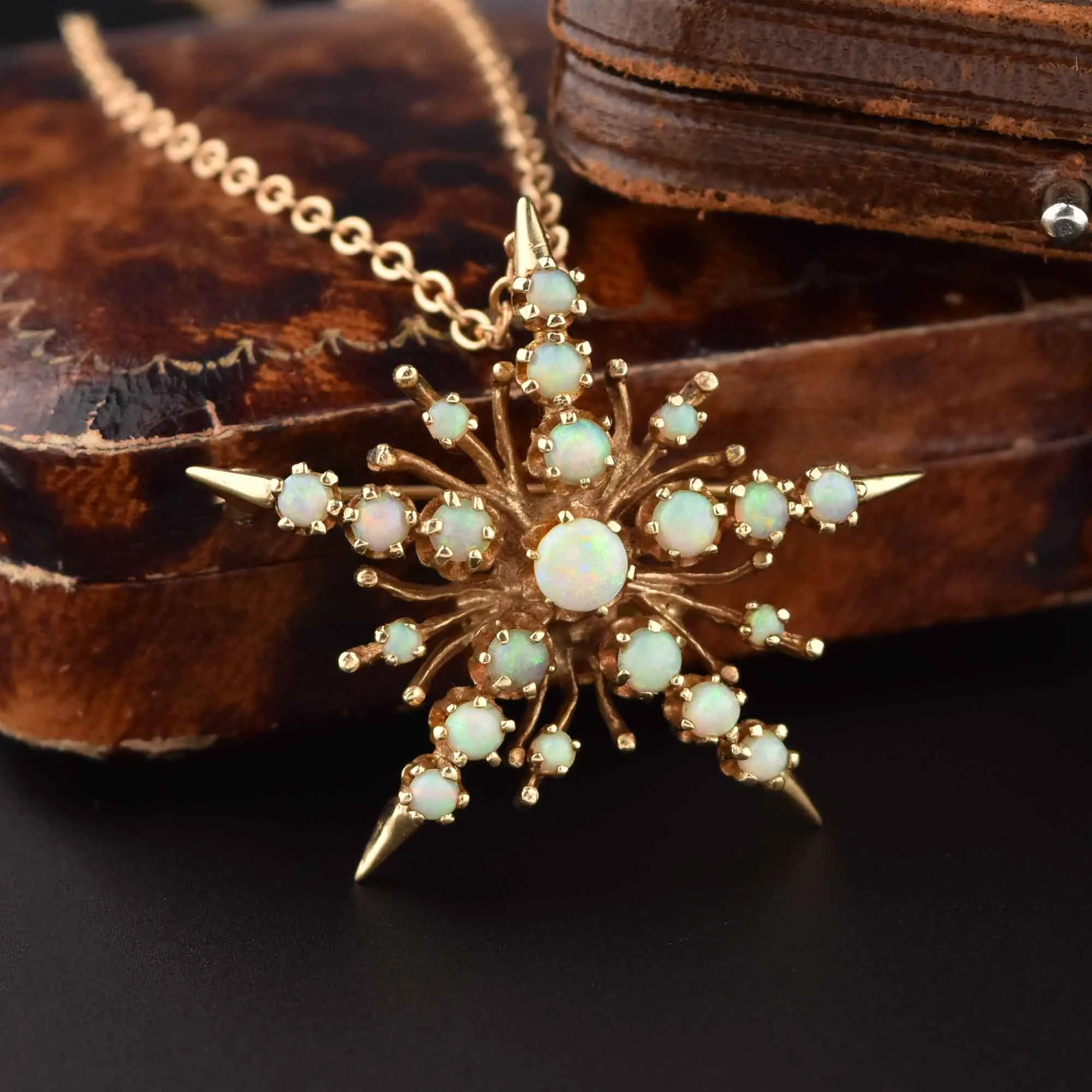 Retro 14K Gold Opal Starburst Brooch Pendant