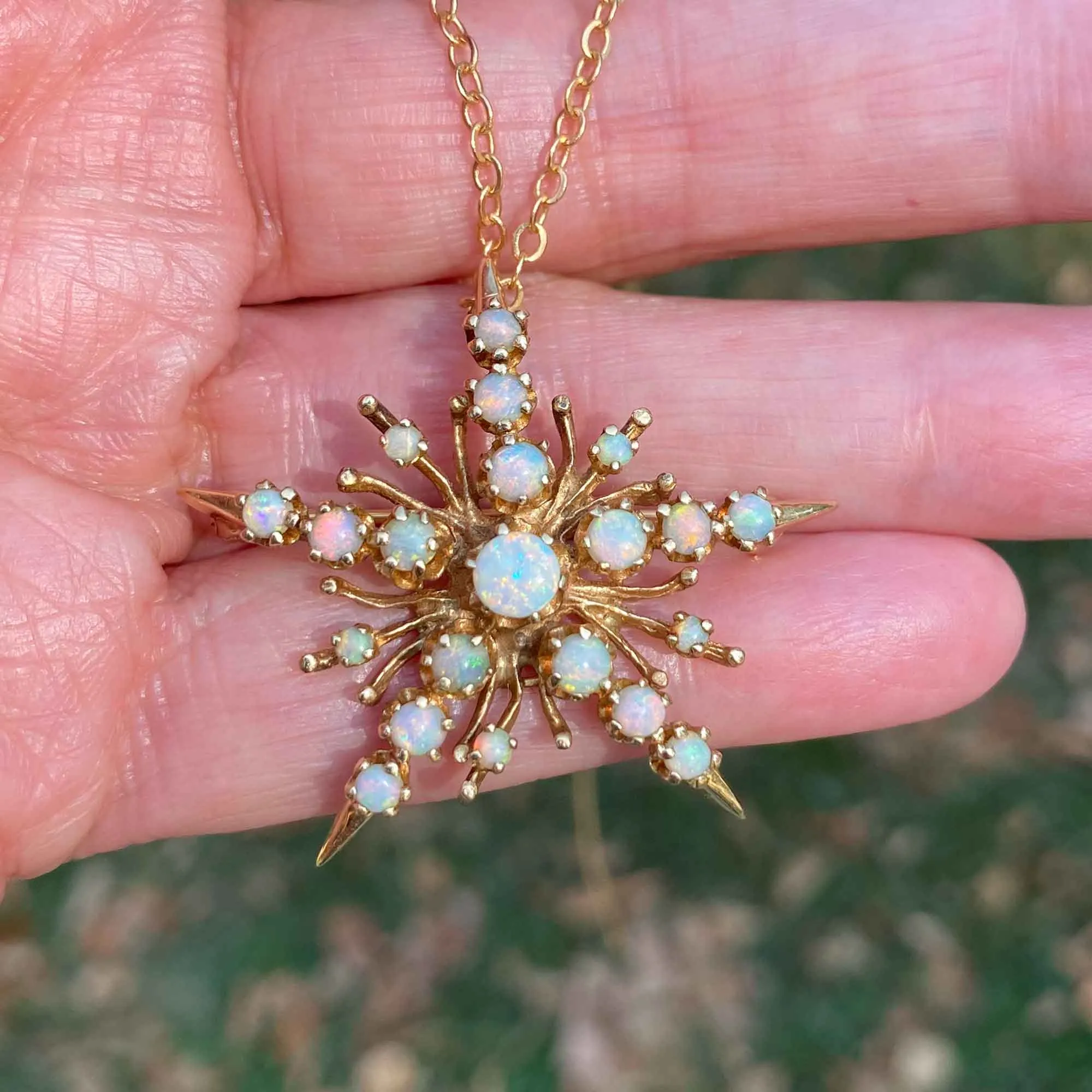 Retro 14K Gold Opal Starburst Brooch Pendant