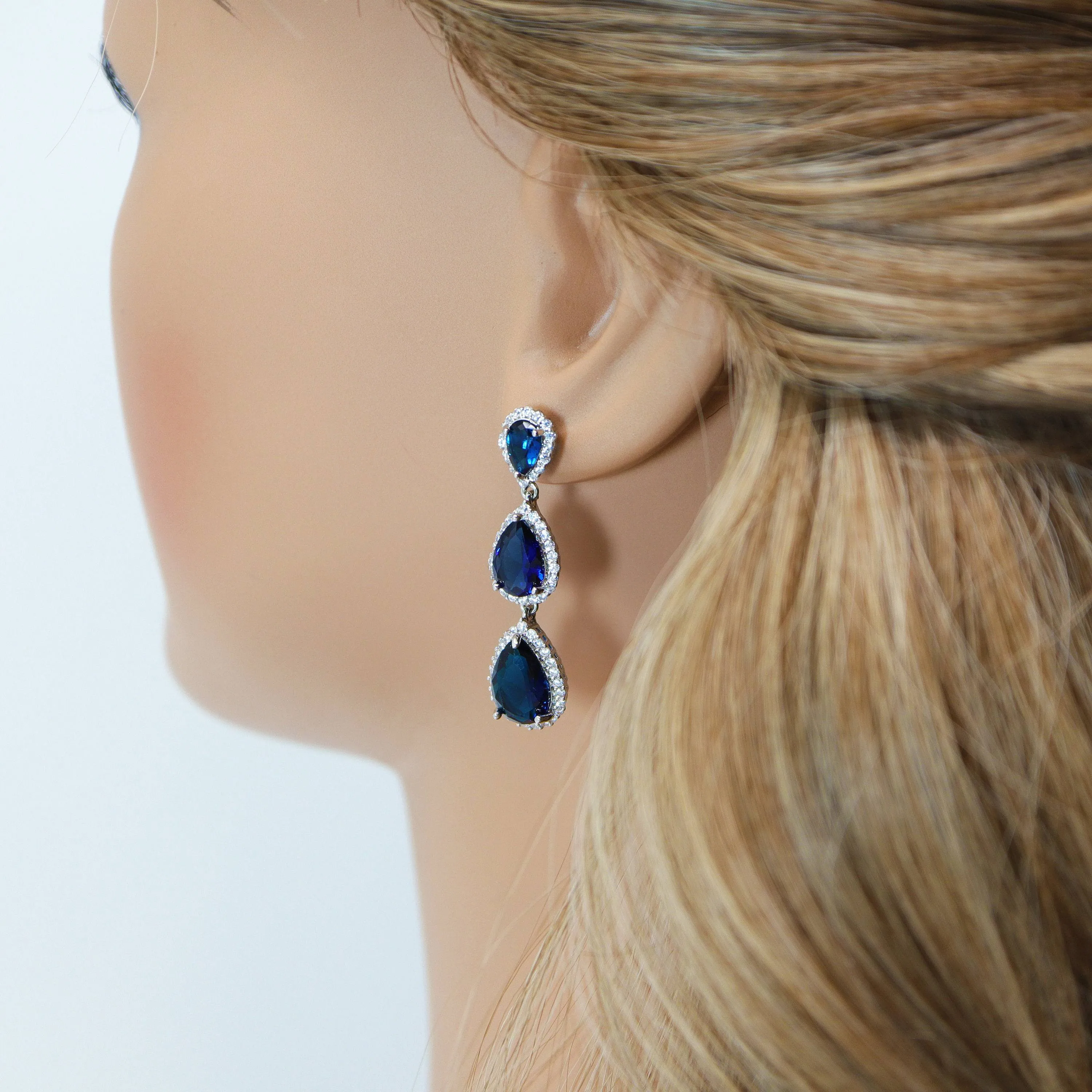 Royal Blue Drop Crystal/Diamond Earrings, Long Bridal Jewelry, Bridal Earrings, Crystal Bridal Earrings, Statement Earrings Cz