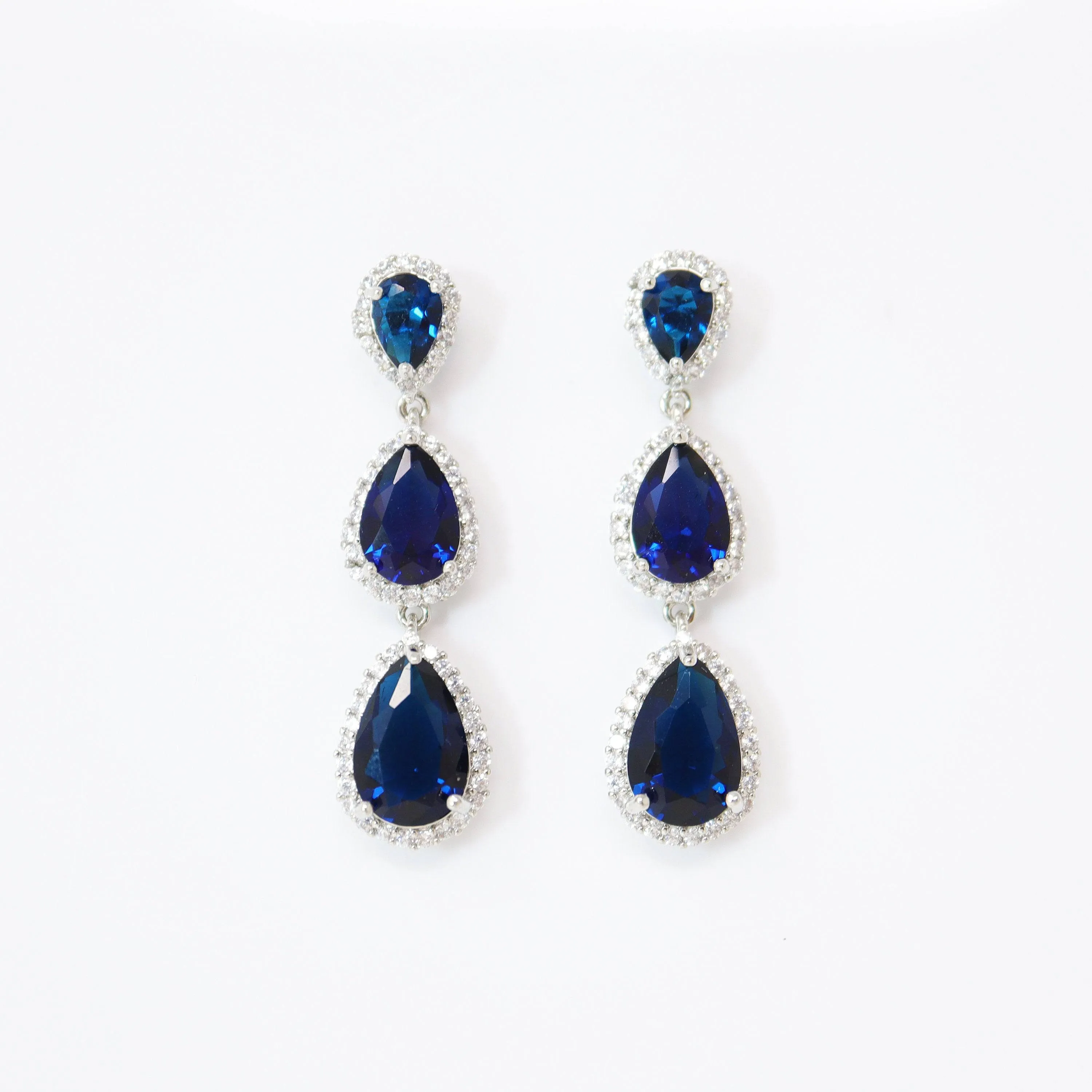 Royal Blue Drop Crystal/Diamond Earrings, Long Bridal Jewelry, Bridal Earrings, Crystal Bridal Earrings, Statement Earrings Cz