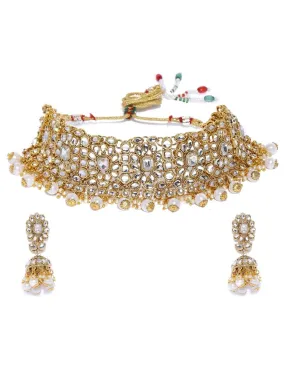 Rubans Gold-Plated White AD-Studded & Pearl Beaded Handcrafted Jewellery Set