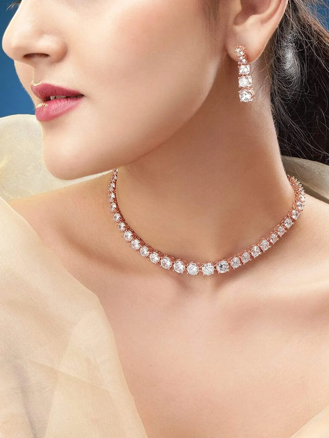 Rubans Rose Gold  Plated Handcrafted Zircon Stone Necklace Set