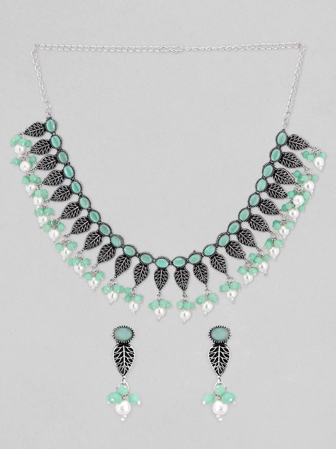 Rubans Silver-Plated Oxidised Green Stone & Pearls Studded Necklace Set