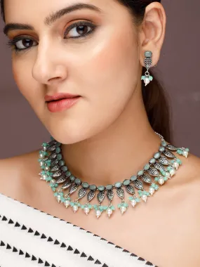 Rubans Silver-Plated Oxidised Green Stone & Pearls Studded Necklace Set