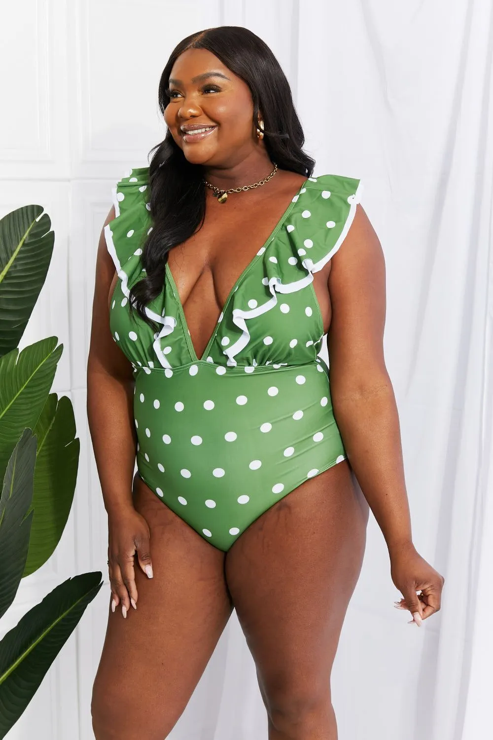 Ruffle Plunge Swimsuit in Mid Green