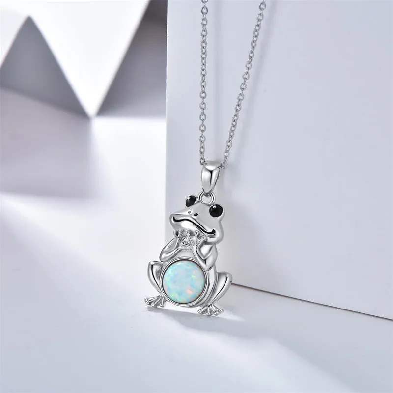 S925 Sterling Silver Frog Necklace for Women Cute Frog Stuff Real Opal/Turquoise/Moonstone/Moss Agate Necklace Pendant Good Luck Gift