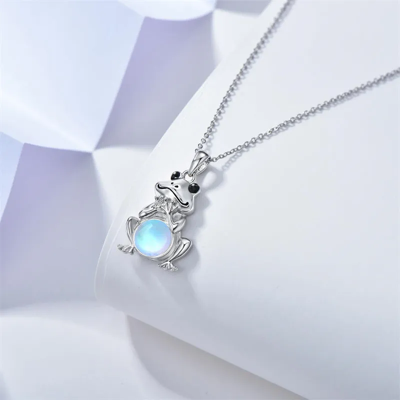 S925 Sterling Silver Frog Necklace for Women Cute Frog Stuff Real Opal/Turquoise/Moonstone/Moss Agate Necklace Pendant Good Luck Gift