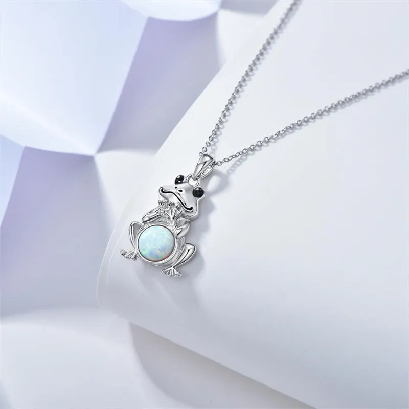 S925 Sterling Silver Frog Necklace for Women Cute Frog Stuff Real Opal/Turquoise/Moonstone/Moss Agate Necklace Pendant Good Luck Gift