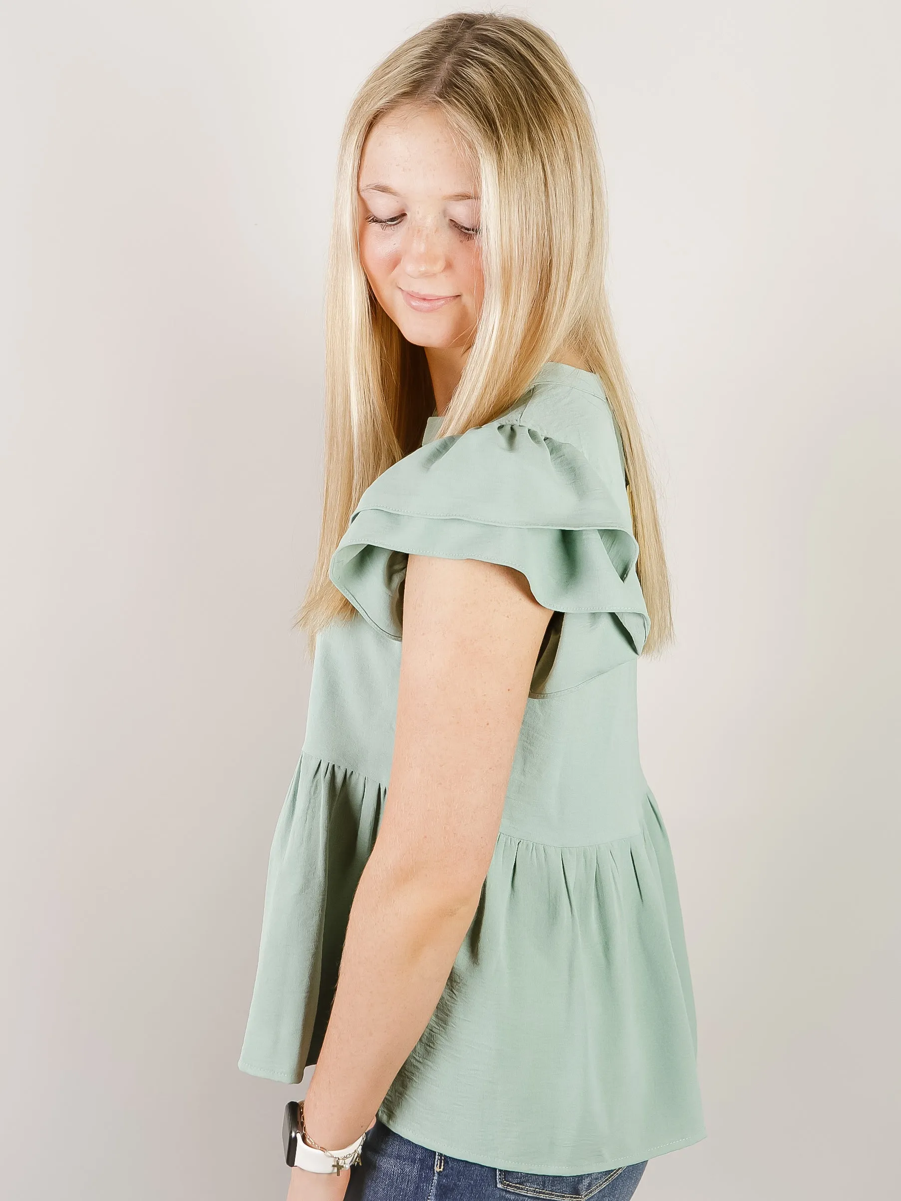 Sage Babydoll Style Short Sleeve Top