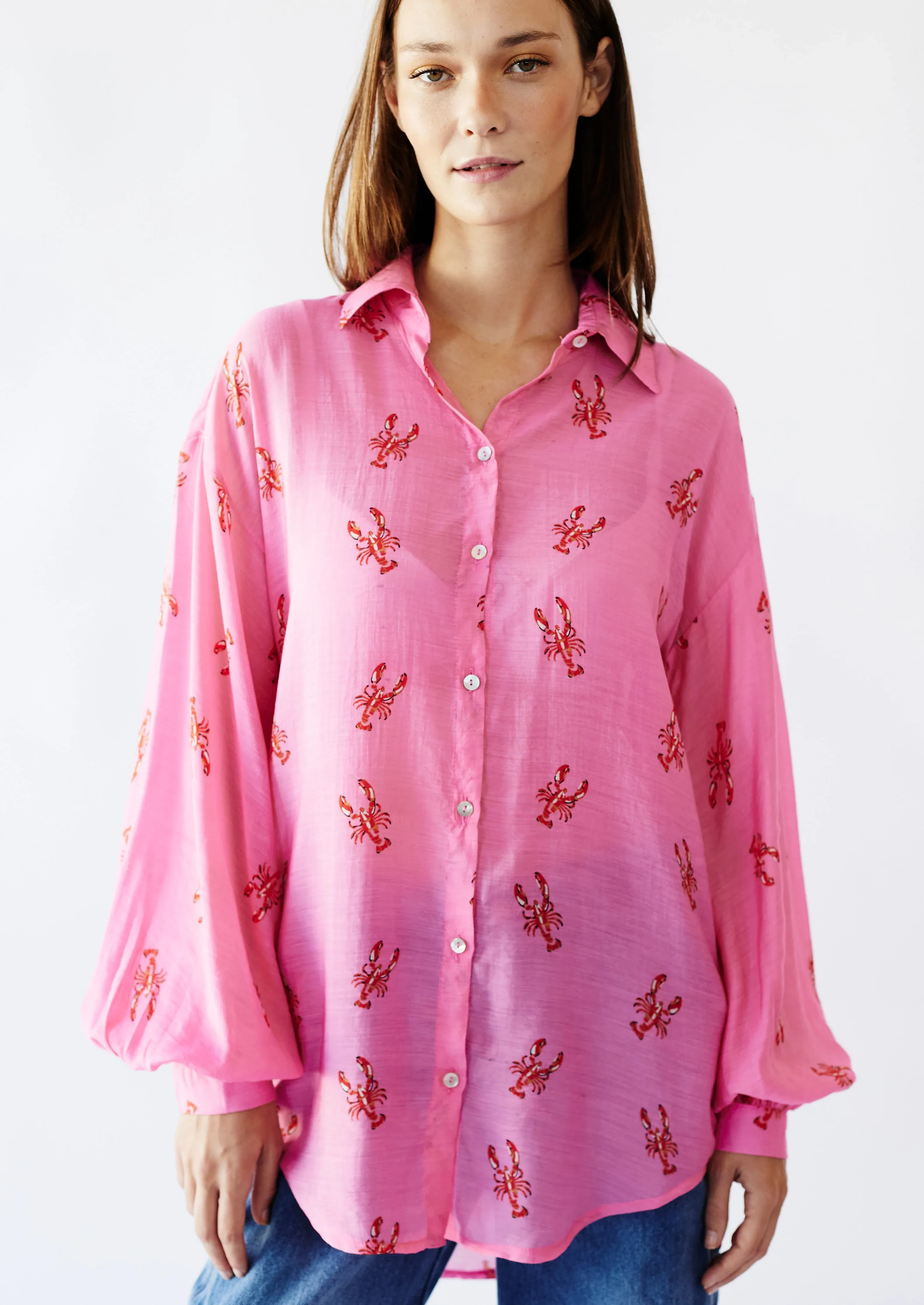 Sheer Bellow Sleeve Shirt in Lobster