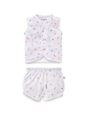 Sleeveless pure white & red leaf pattern jabla set for baby