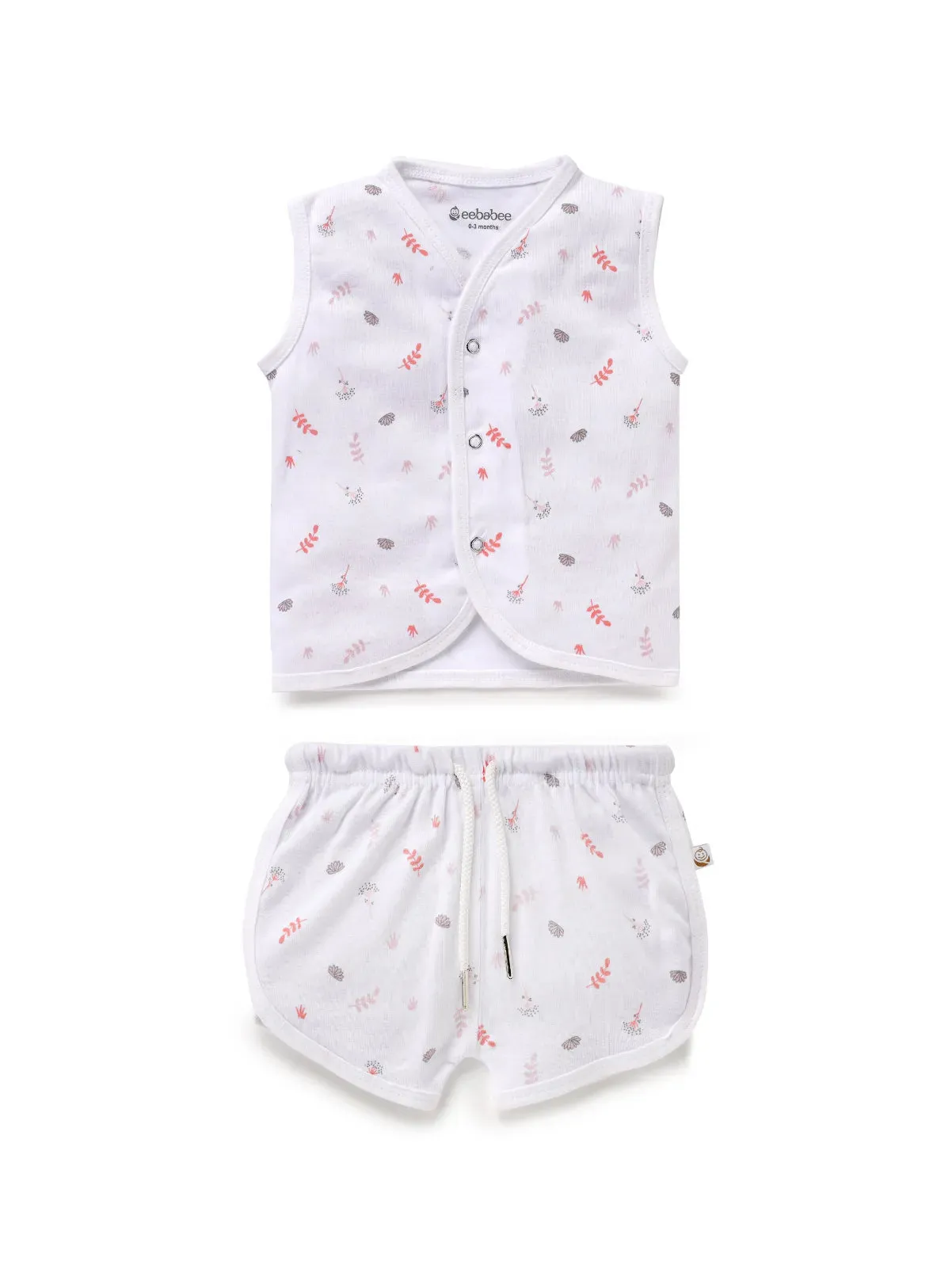 Sleeveless pure white & red leaf pattern jabla set for baby