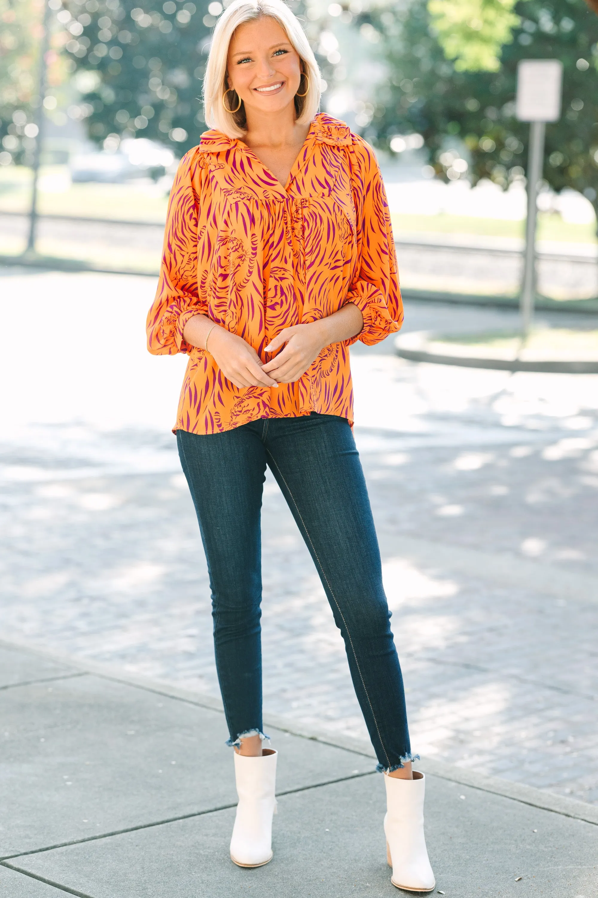 The Morgan Orange And Purple Tiger Blouse