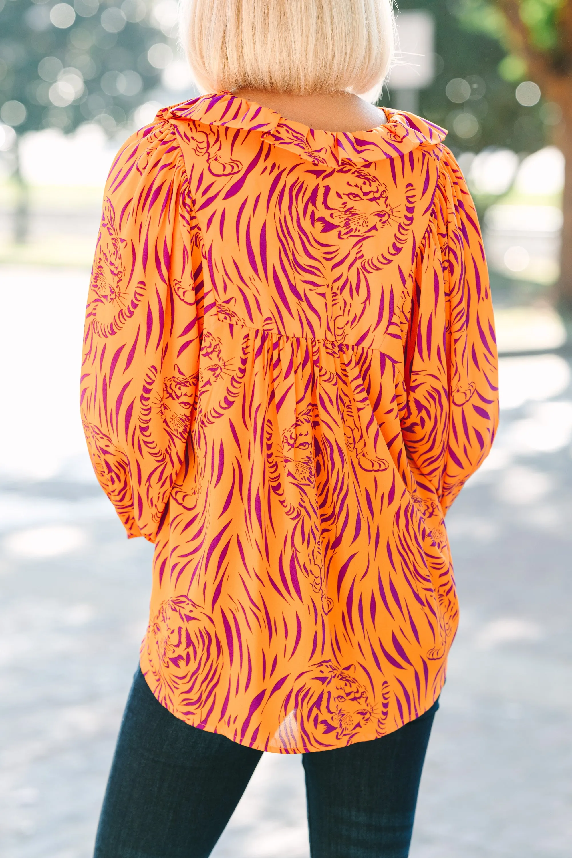 The Morgan Orange And Purple Tiger Blouse