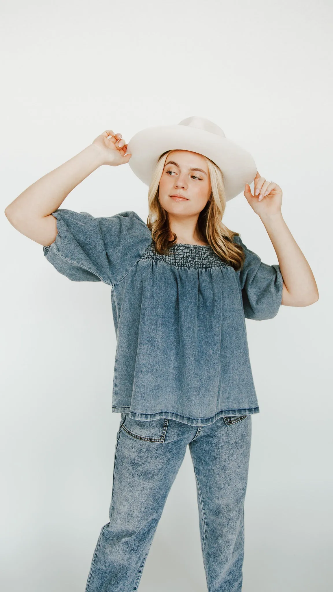 The Silverton Smocked Detail Blouse in Light Denim