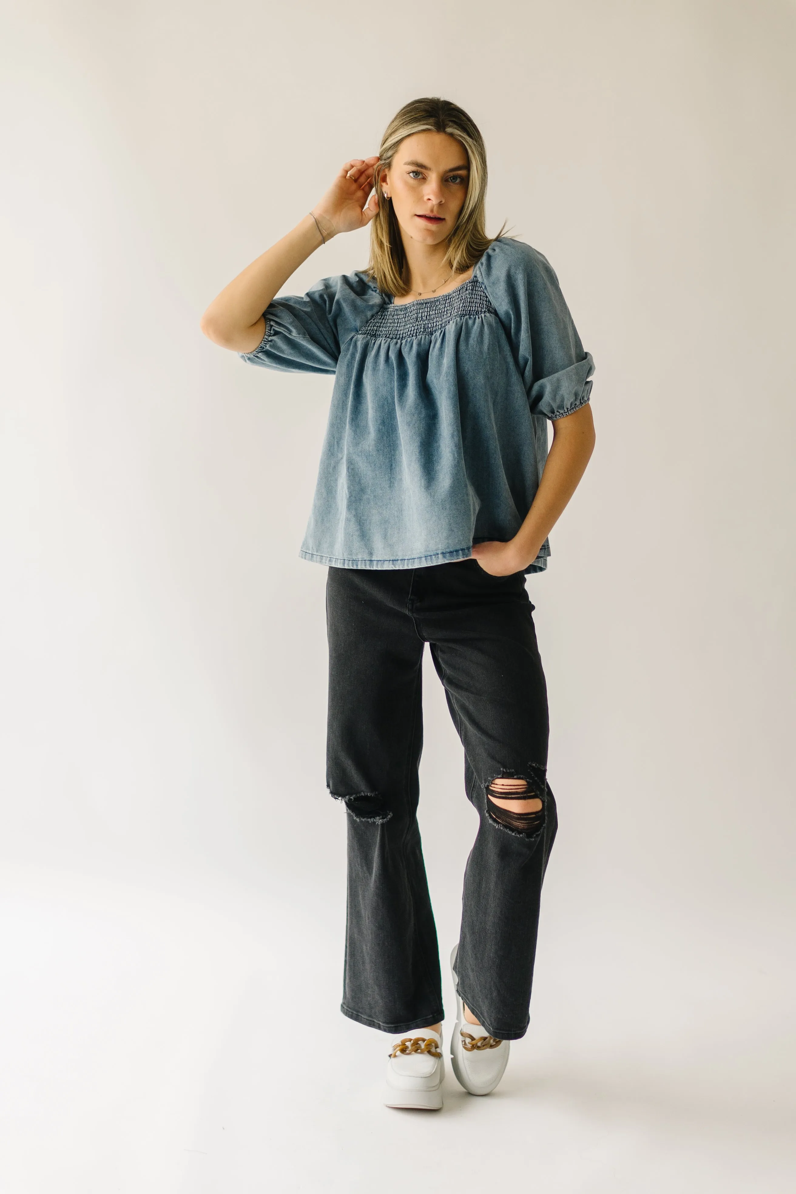 The Silverton Smocked Detail Blouse in Light Denim