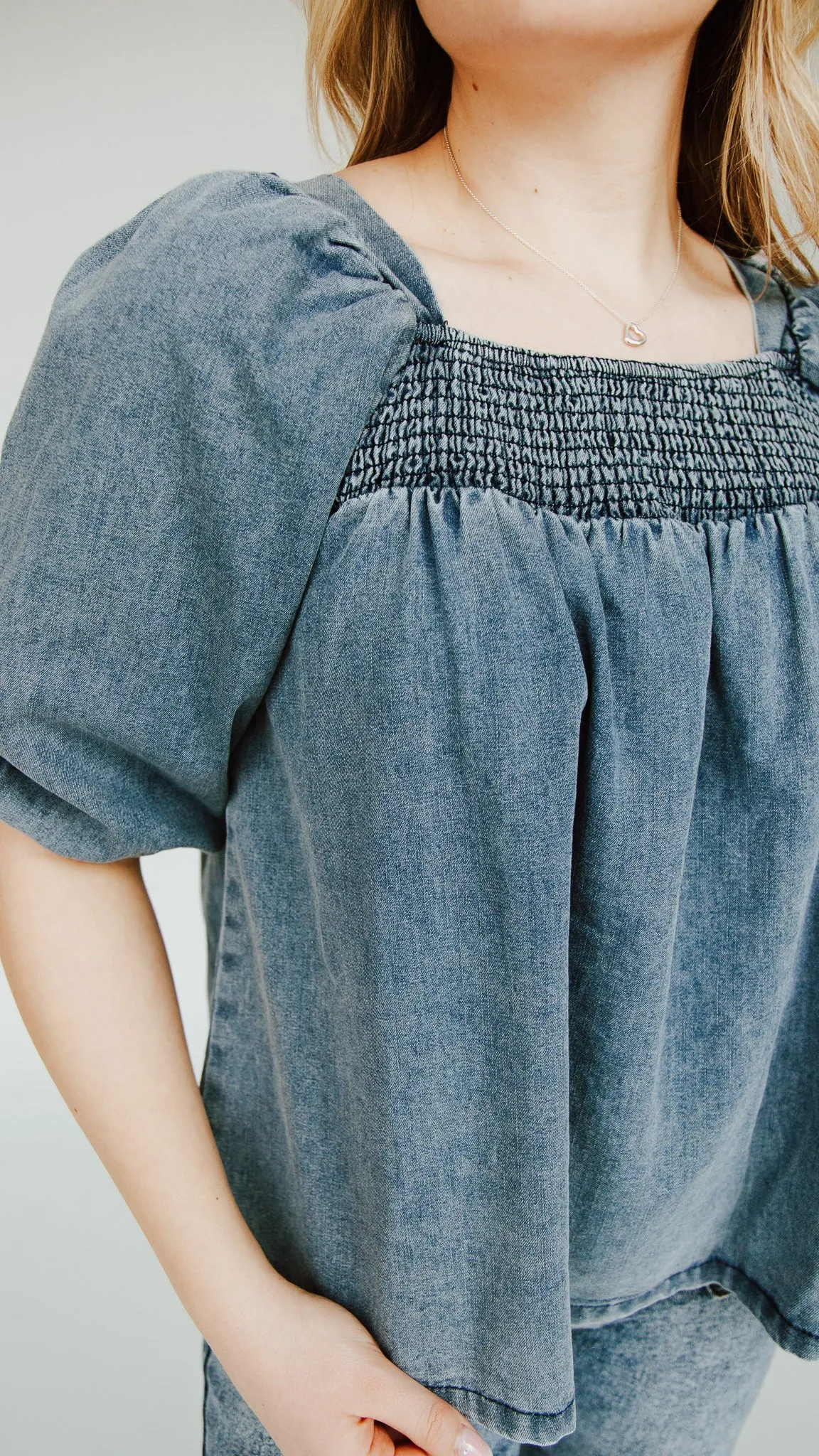 The Silverton Smocked Detail Blouse in Light Denim