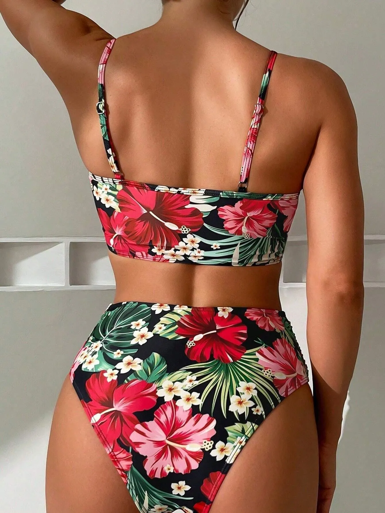 Tropical Floral Ruched High Waist Bikini Set