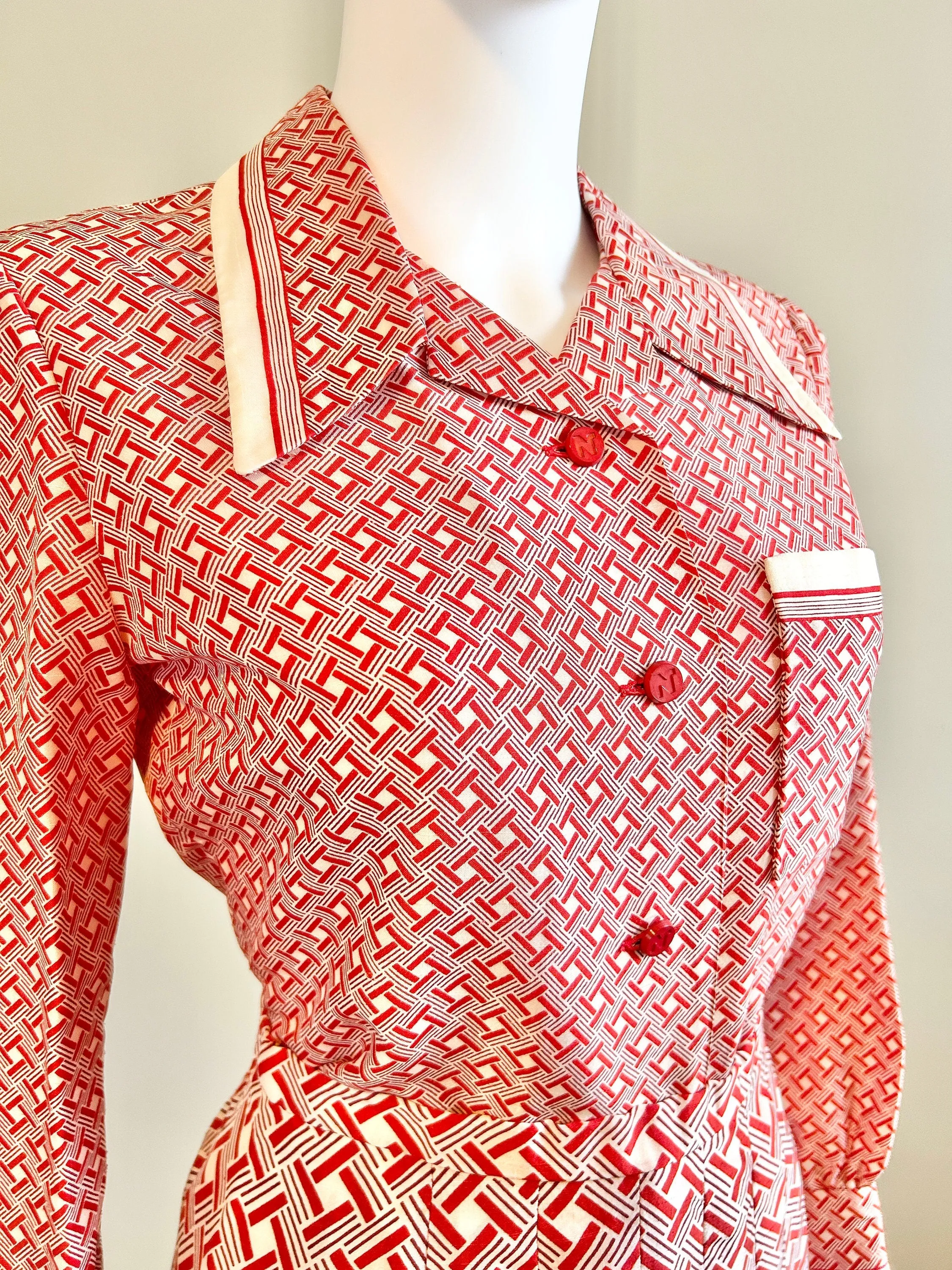 Vintage 1970s Nina Ricci Red Geometric Skirt and Blouse Set / 70s Couture / Size S