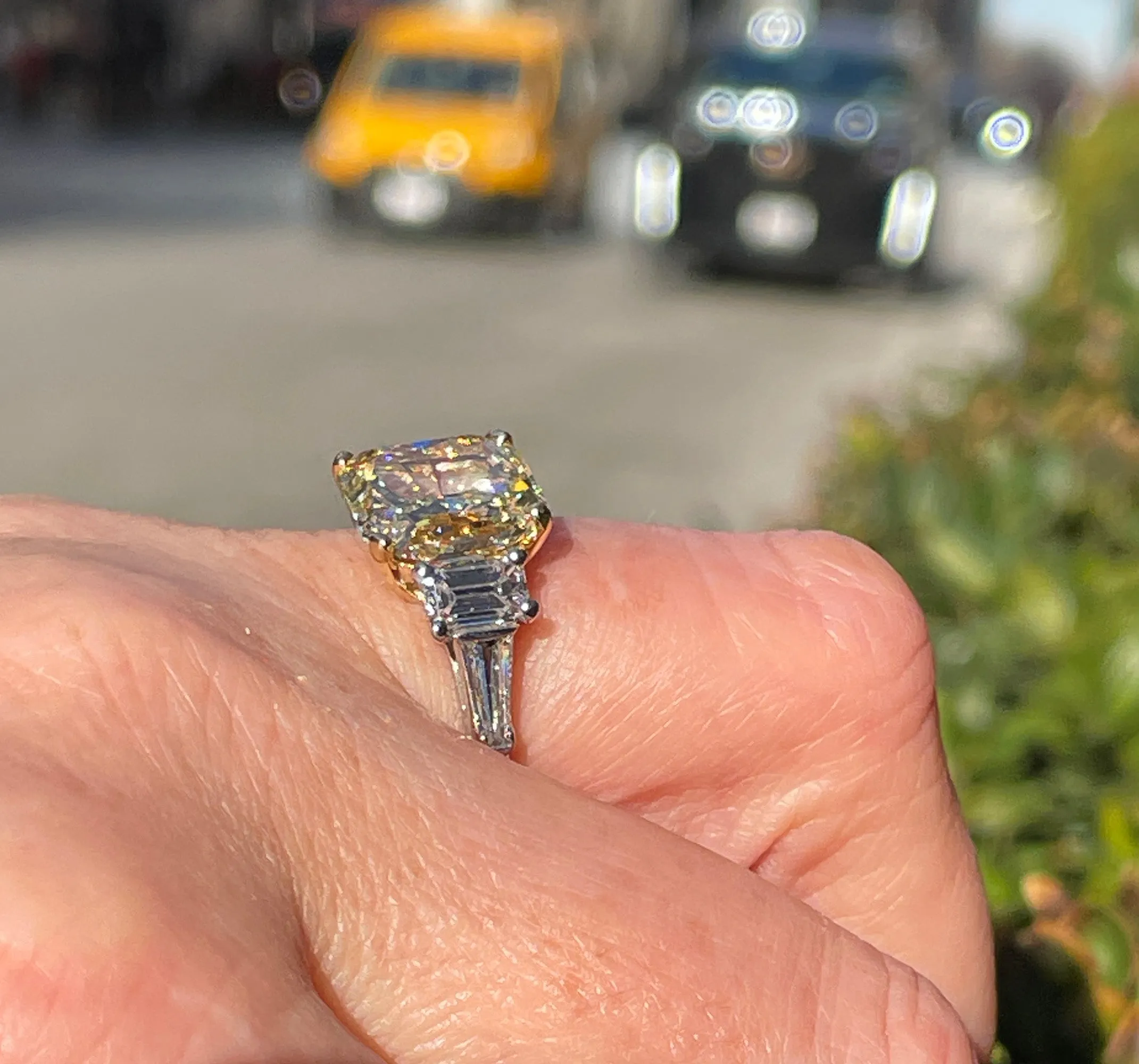 Vintage “Canary” GIA 7.11ctw Natural Fancy YELLOW Radiant Cut Diamond 5 Stone Platinum Ring