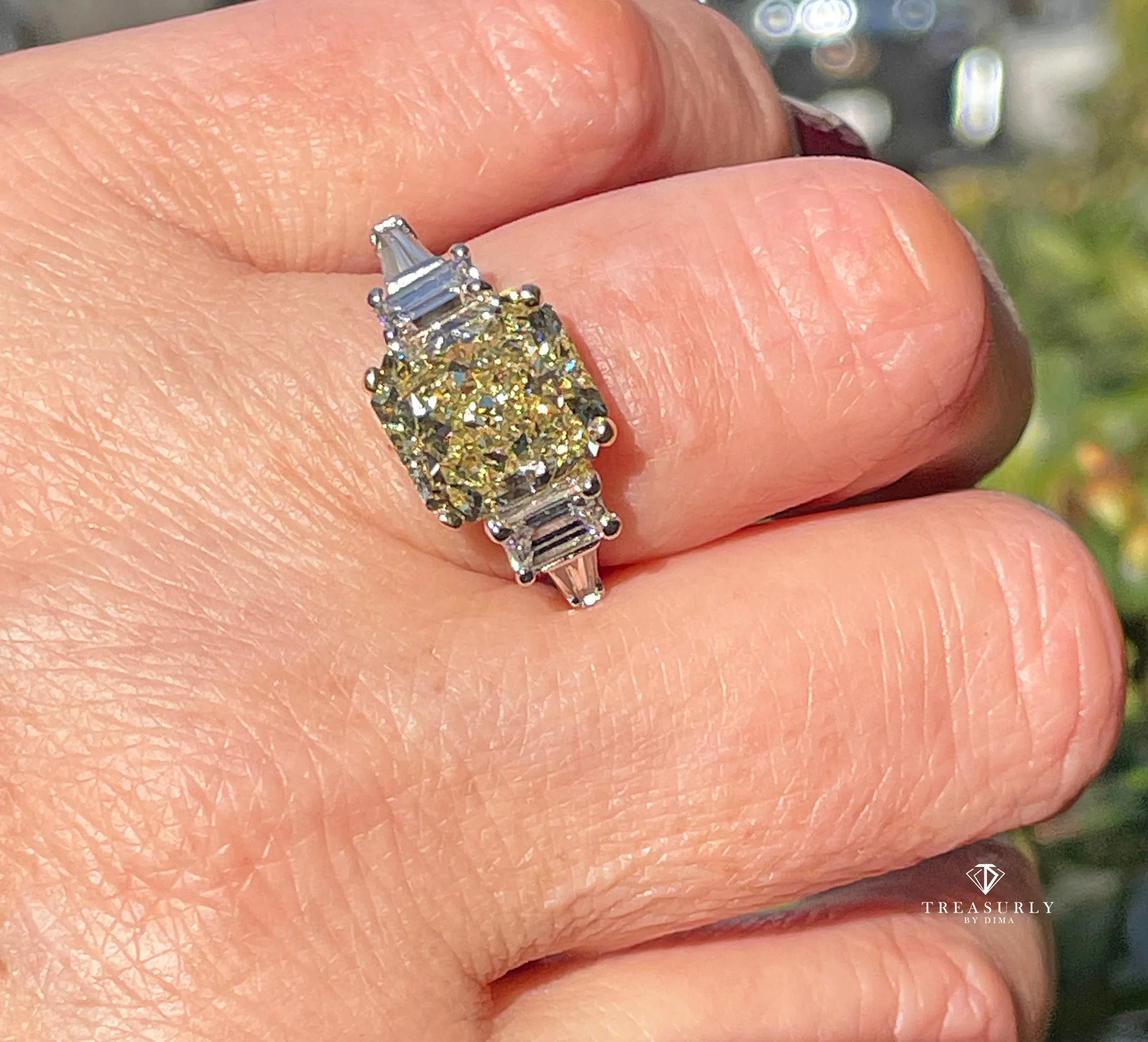 Vintage “Canary” GIA 7.11ctw Natural Fancy YELLOW Radiant Cut Diamond 5 Stone Platinum Ring