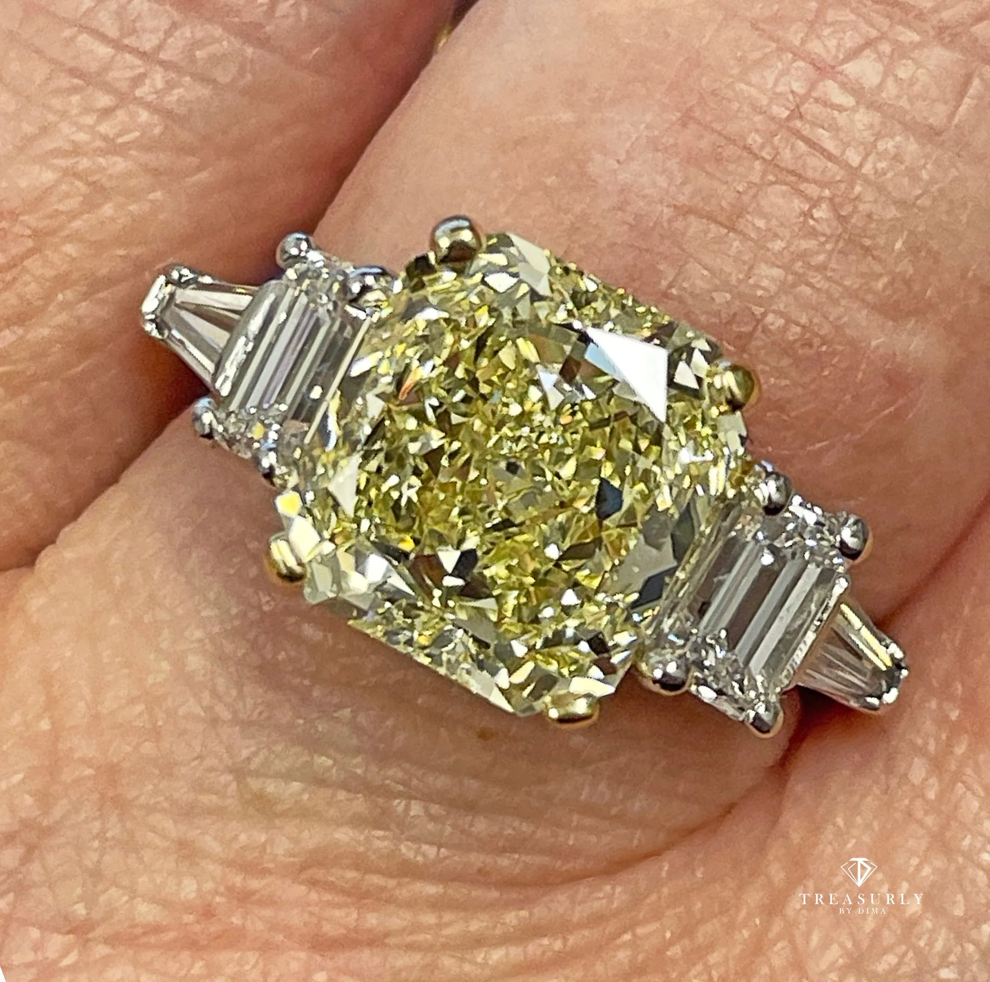 Vintage “Canary” GIA 7.11ctw Natural Fancy YELLOW Radiant Cut Diamond 5 Stone Platinum Ring