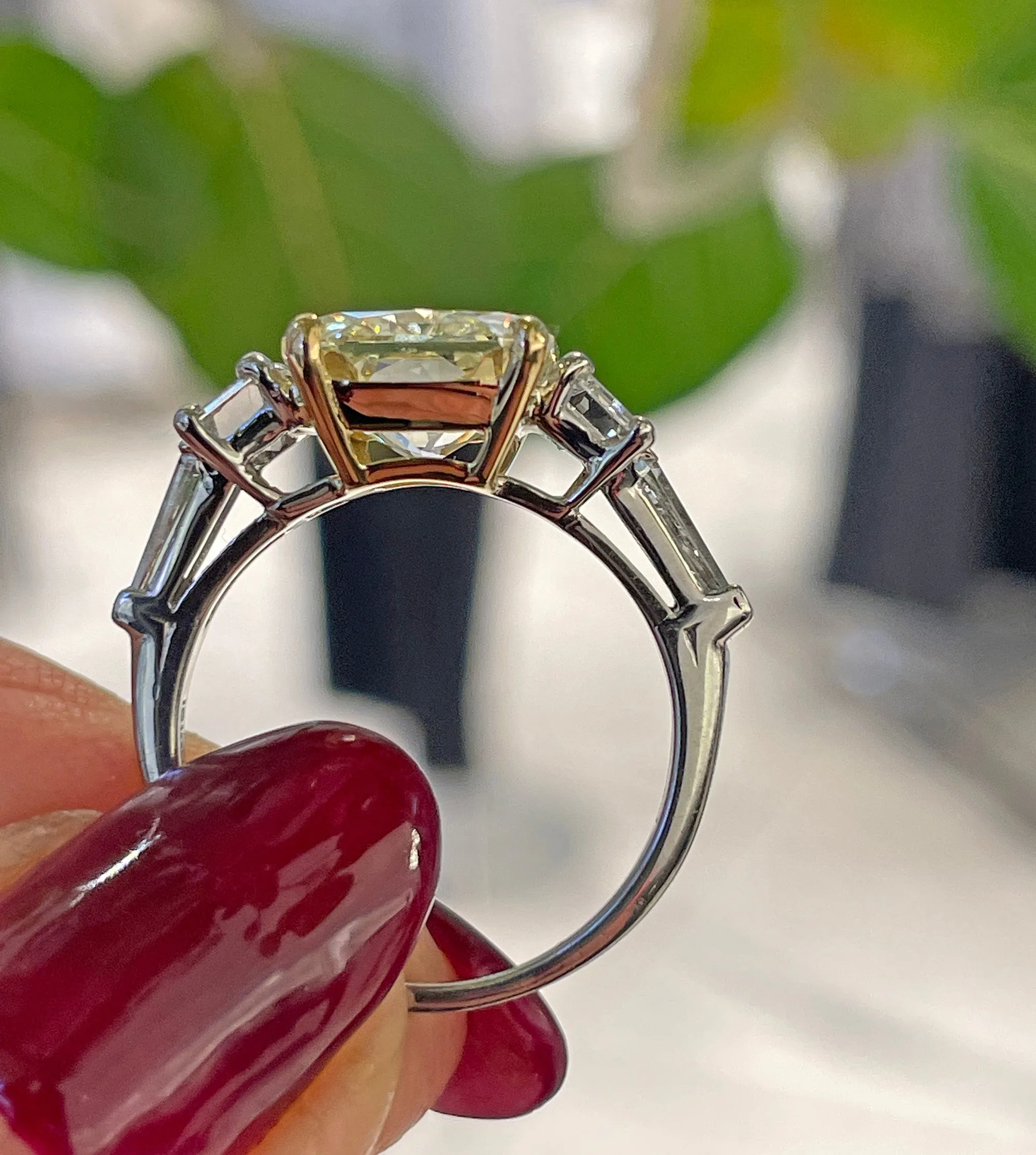 Vintage “Canary” GIA 7.11ctw Natural Fancy YELLOW Radiant Cut Diamond 5 Stone Platinum Ring