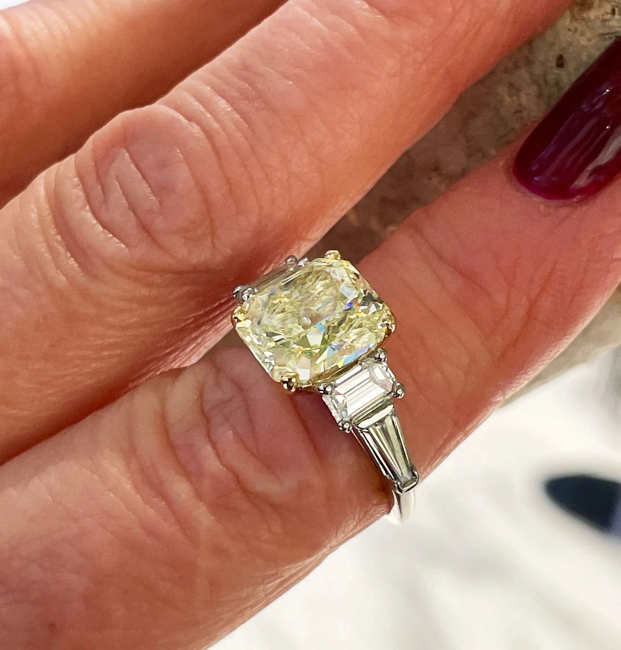 Vintage “Canary” GIA 7.11ctw Natural Fancy YELLOW Radiant Cut Diamond 5 Stone Platinum Ring