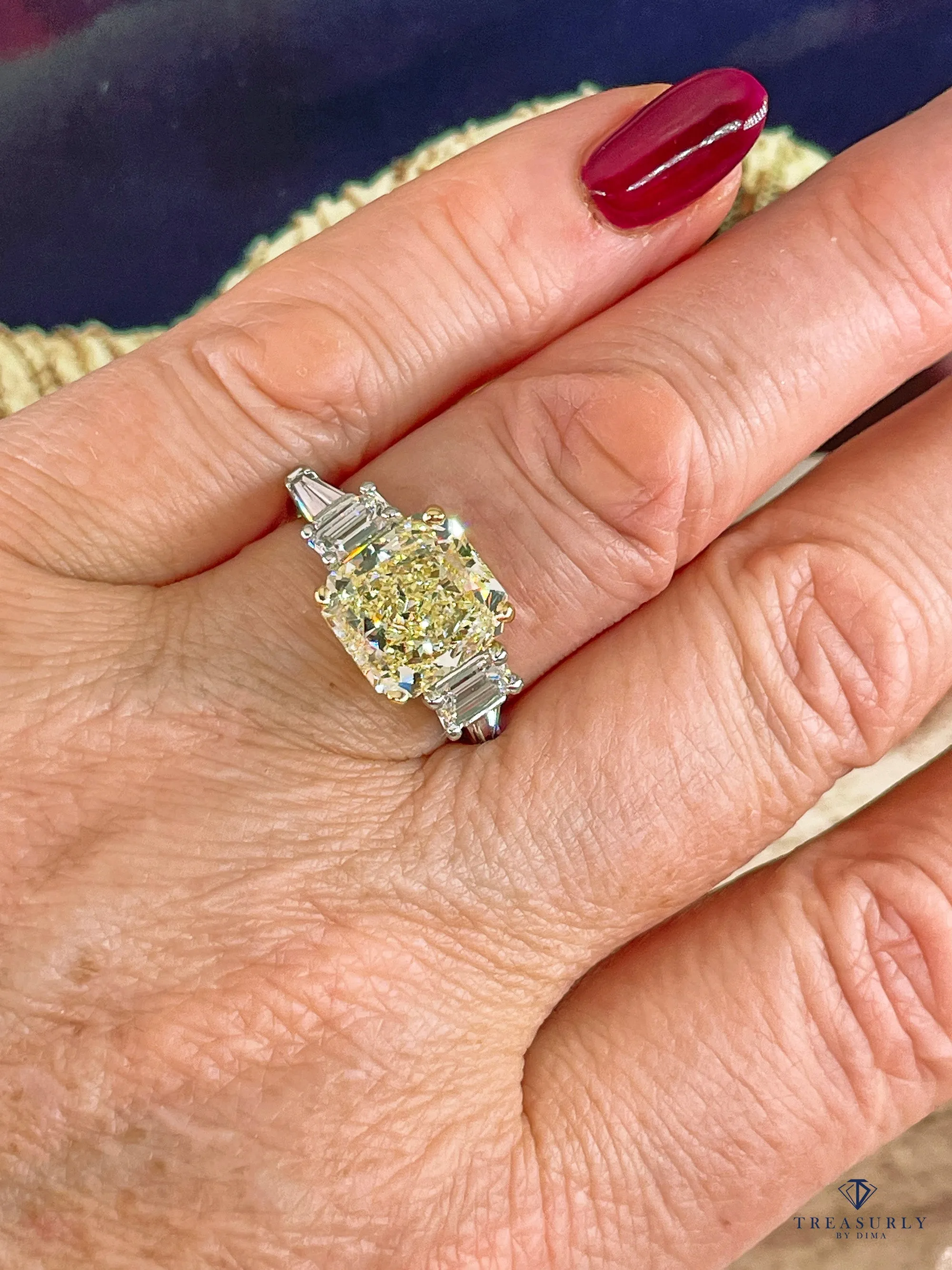 Vintage “Canary” GIA 7.11ctw Natural Fancy YELLOW Radiant Cut Diamond 5 Stone Platinum Ring