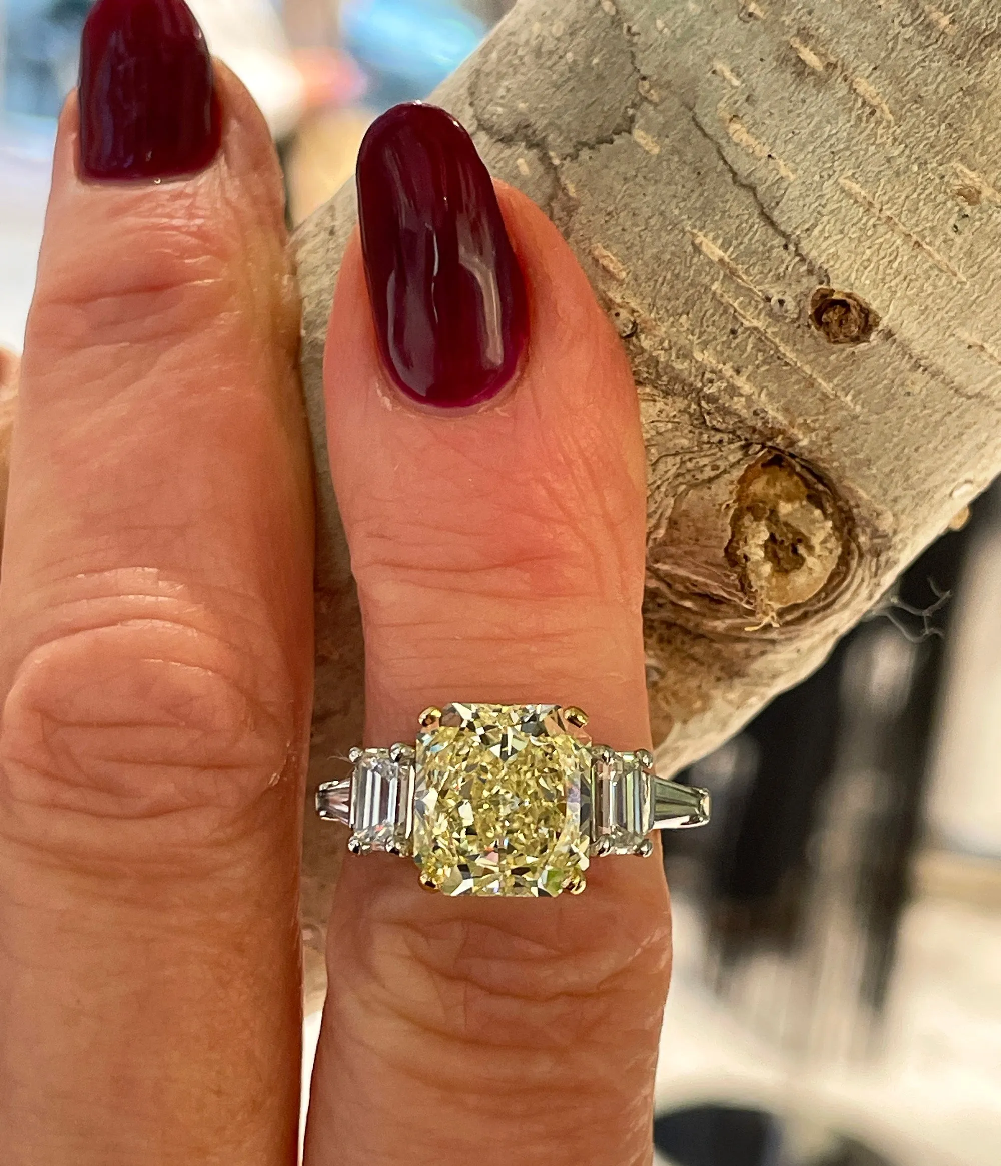 Vintage “Canary” GIA 7.11ctw Natural Fancy YELLOW Radiant Cut Diamond 5 Stone Platinum Ring