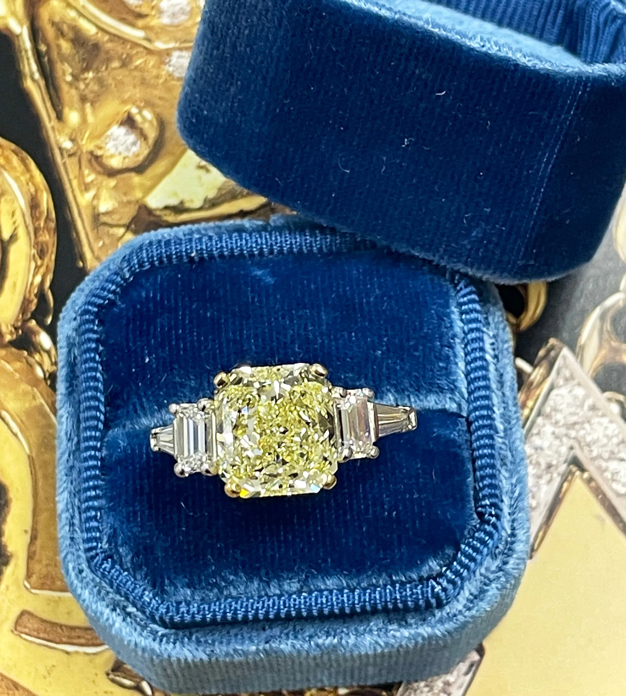 Vintage “Canary” GIA 7.11ctw Natural Fancy YELLOW Radiant Cut Diamond 5 Stone Platinum Ring