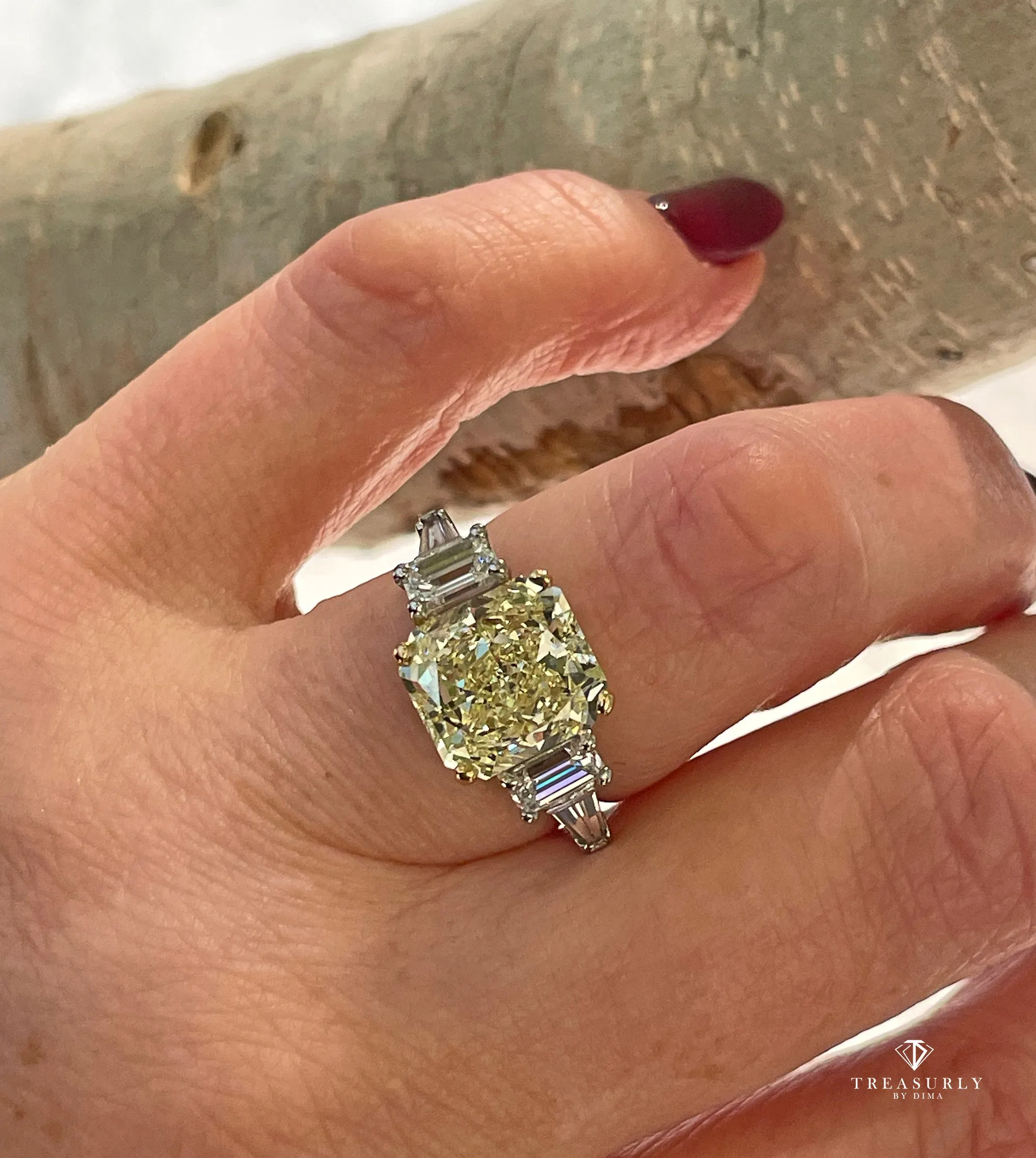 Vintage “Canary” GIA 7.11ctw Natural Fancy YELLOW Radiant Cut Diamond 5 Stone Platinum Ring