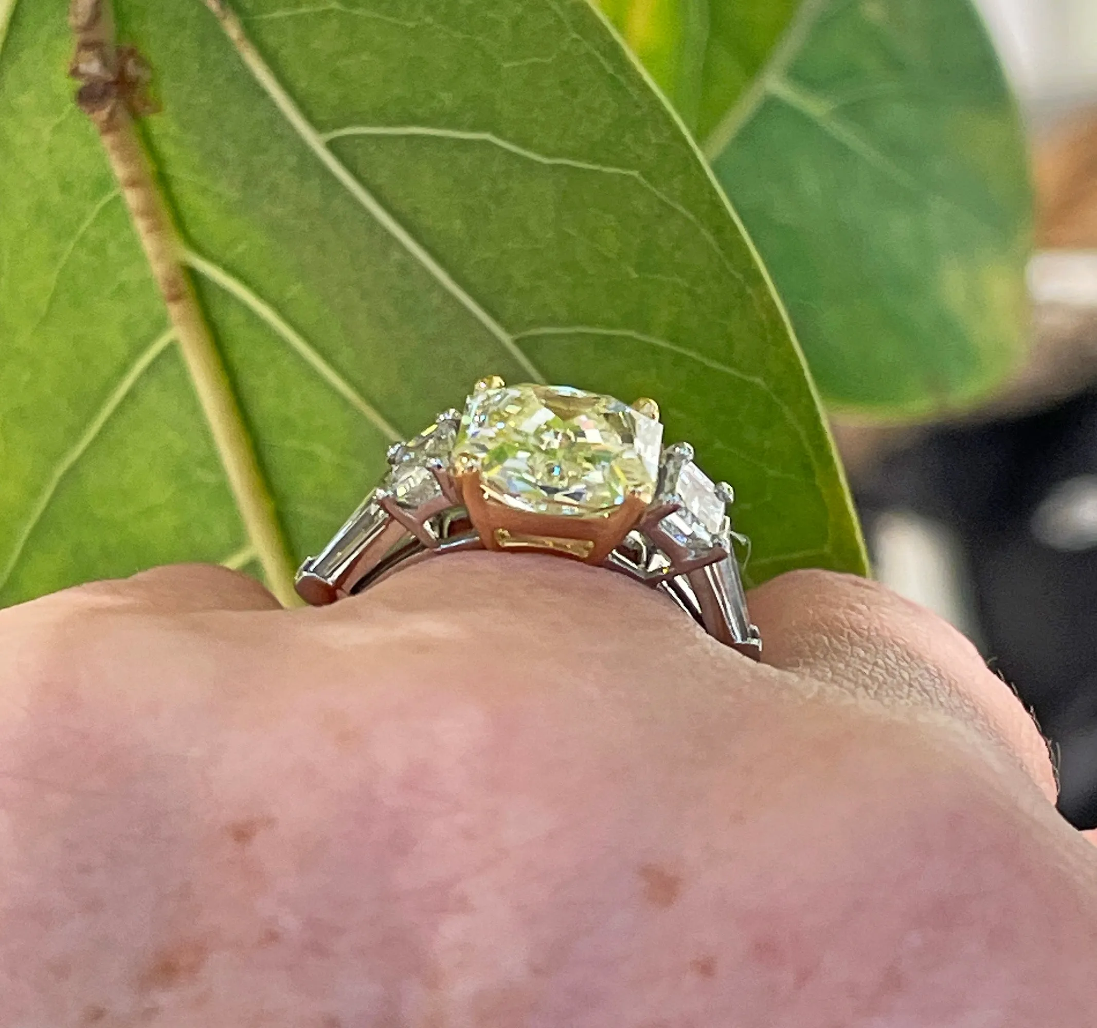 Vintage “Canary” GIA 7.11ctw Natural Fancy YELLOW Radiant Cut Diamond 5 Stone Platinum Ring