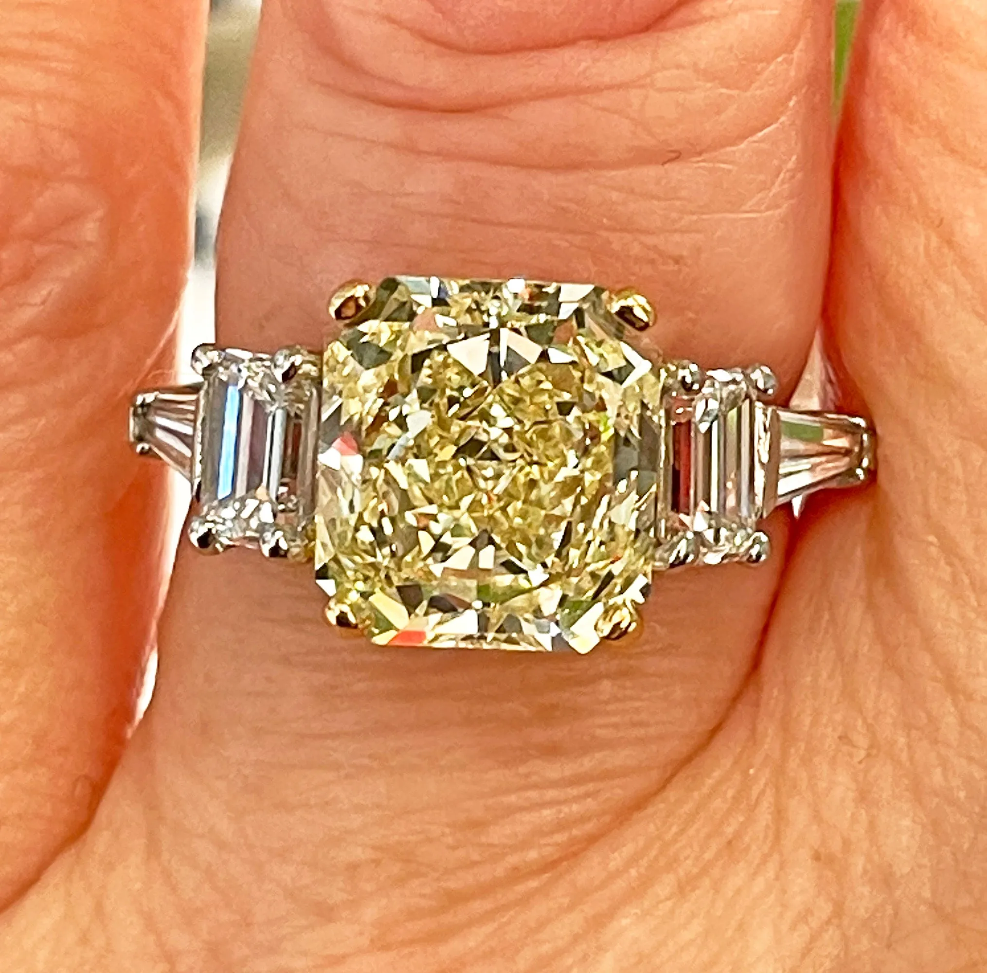 Vintage “Canary” GIA 7.11ctw Natural Fancy YELLOW Radiant Cut Diamond 5 Stone Platinum Ring