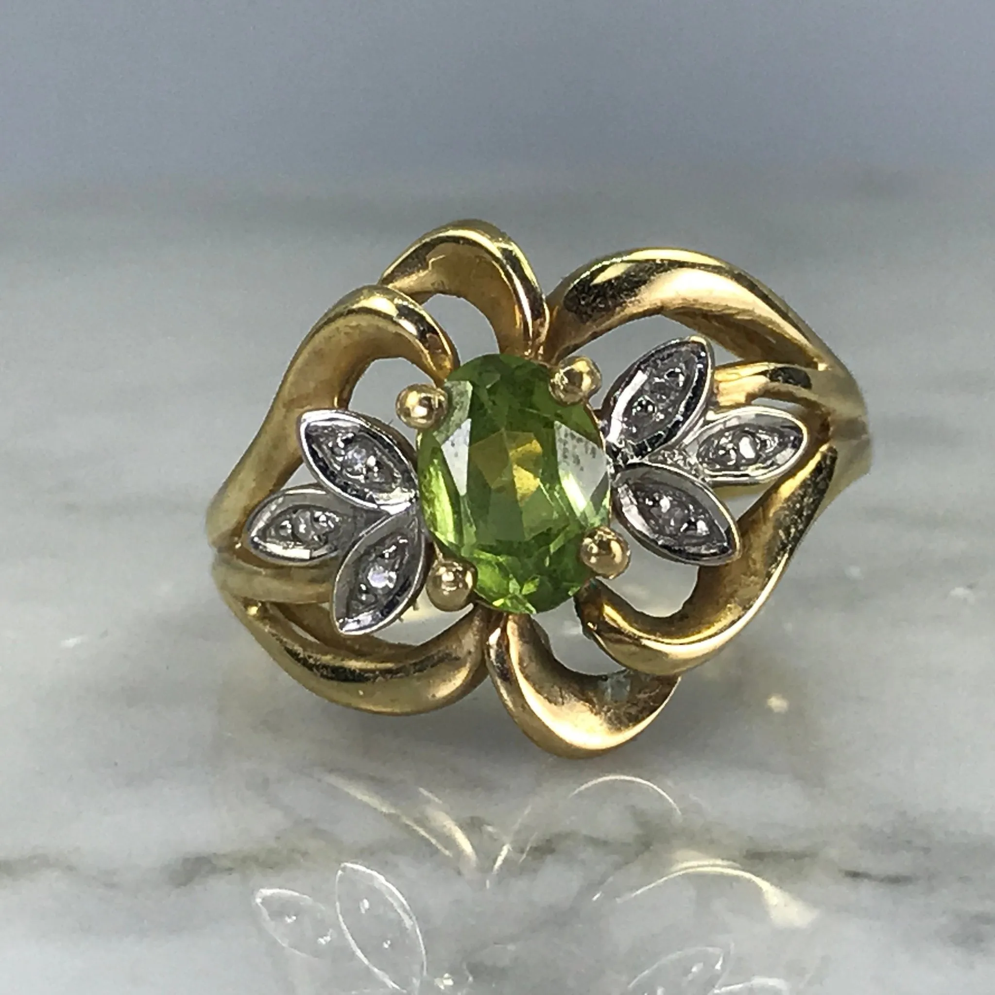 Vintage Peridot Diamond Ring. 10K Yellow Gold. August Birthstone. 16th Anniversary Gift.