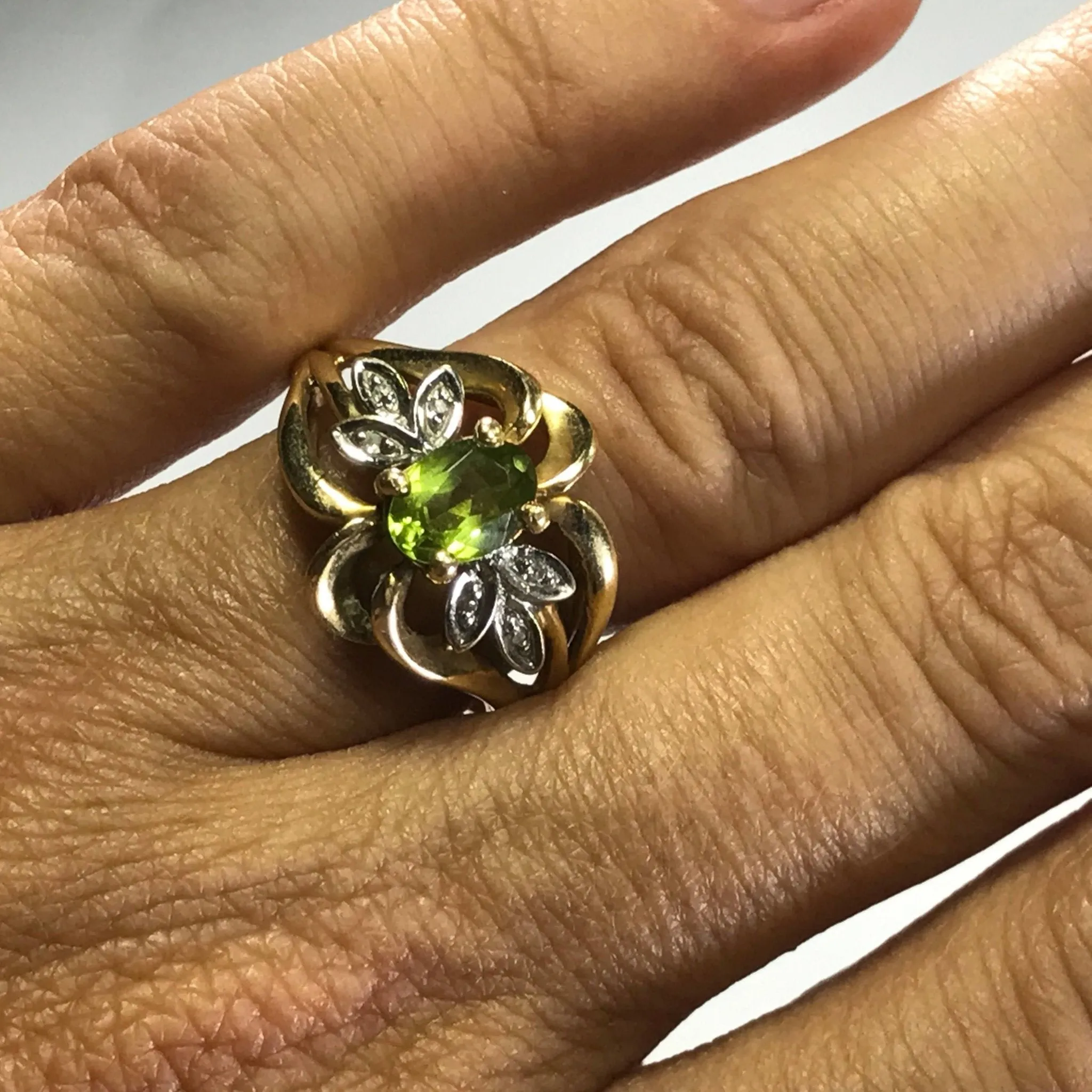 Vintage Peridot Diamond Ring. 10K Yellow Gold. August Birthstone. 16th Anniversary Gift.