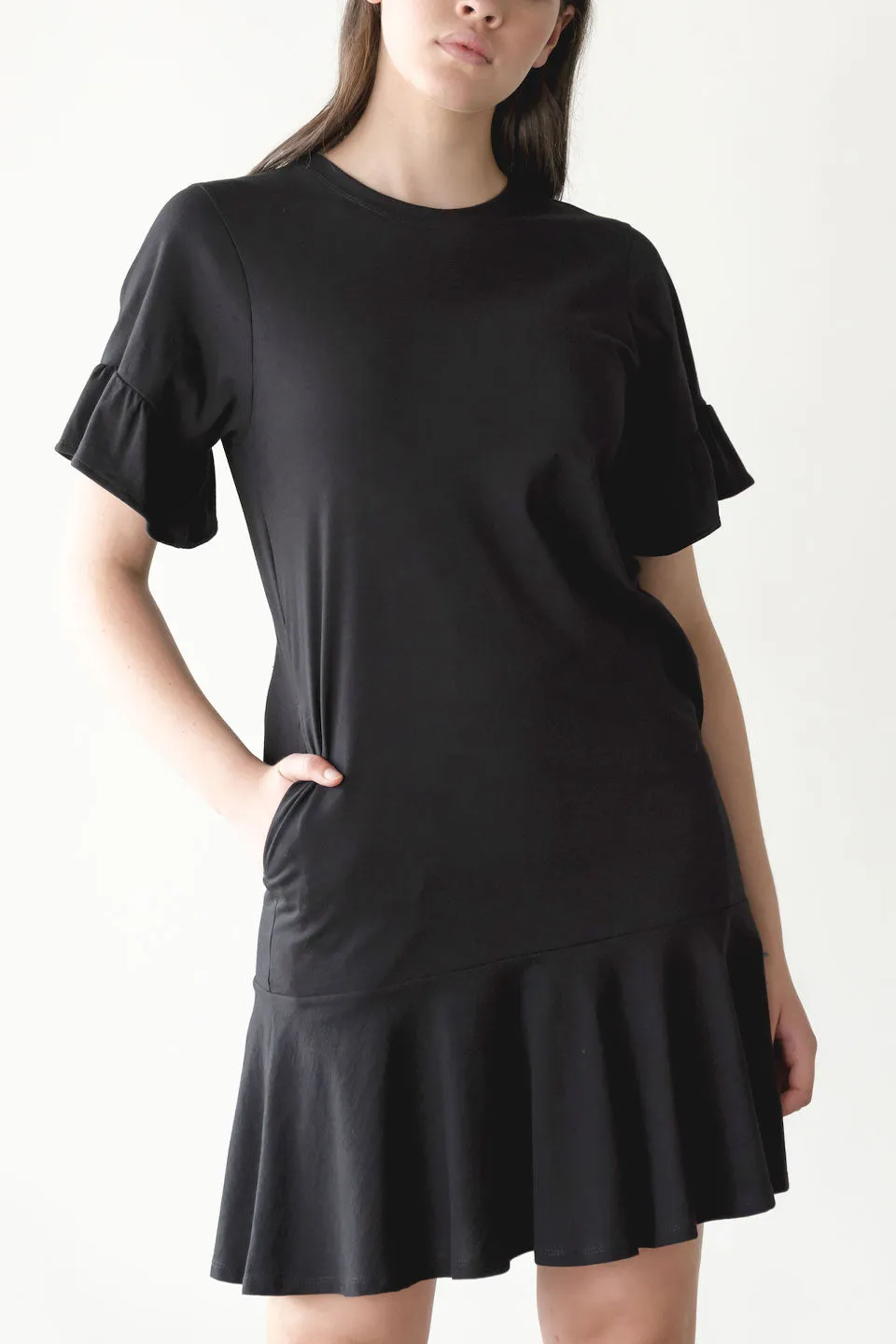 Voyage Frill Organic Cotton Mini Black Frill Dress