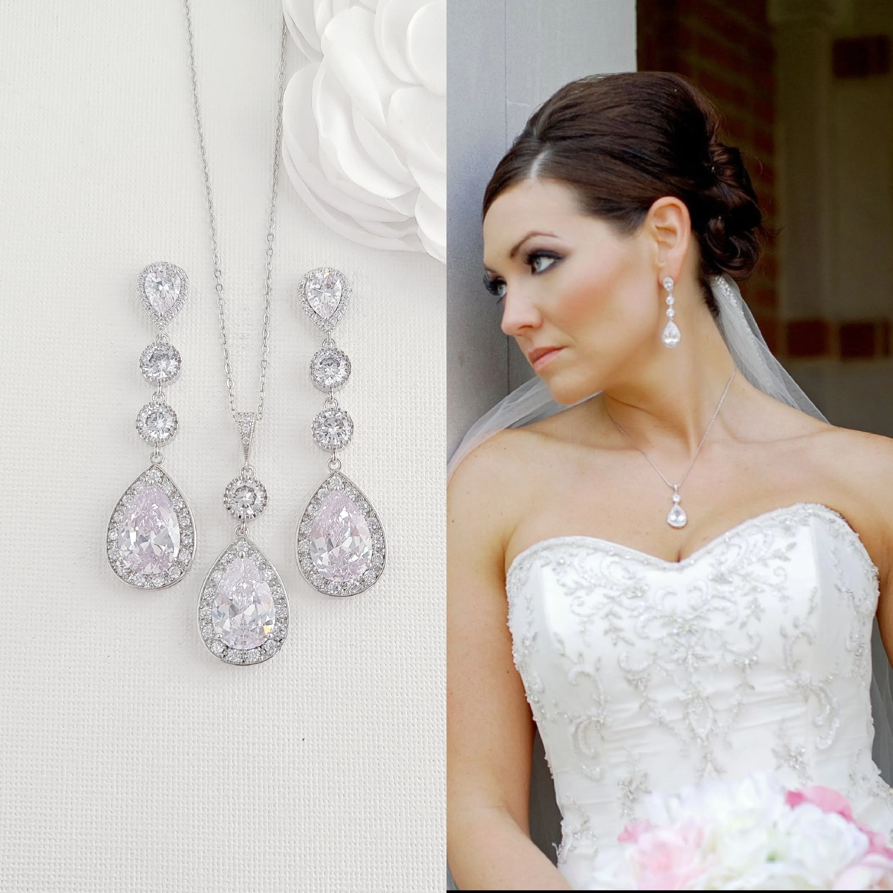 Wedding Necklace Set with Long Earrings-Evana