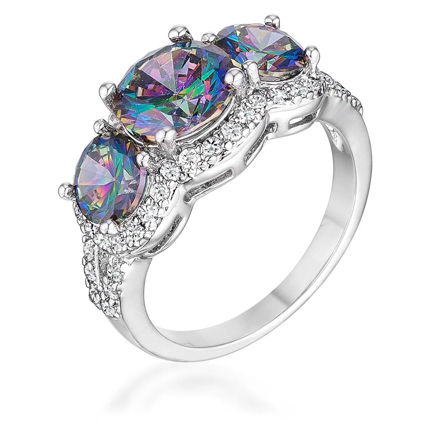 WildKlass 4 Ct Three Stone Rhodium Plated Ring with Mystic and Clear CZ