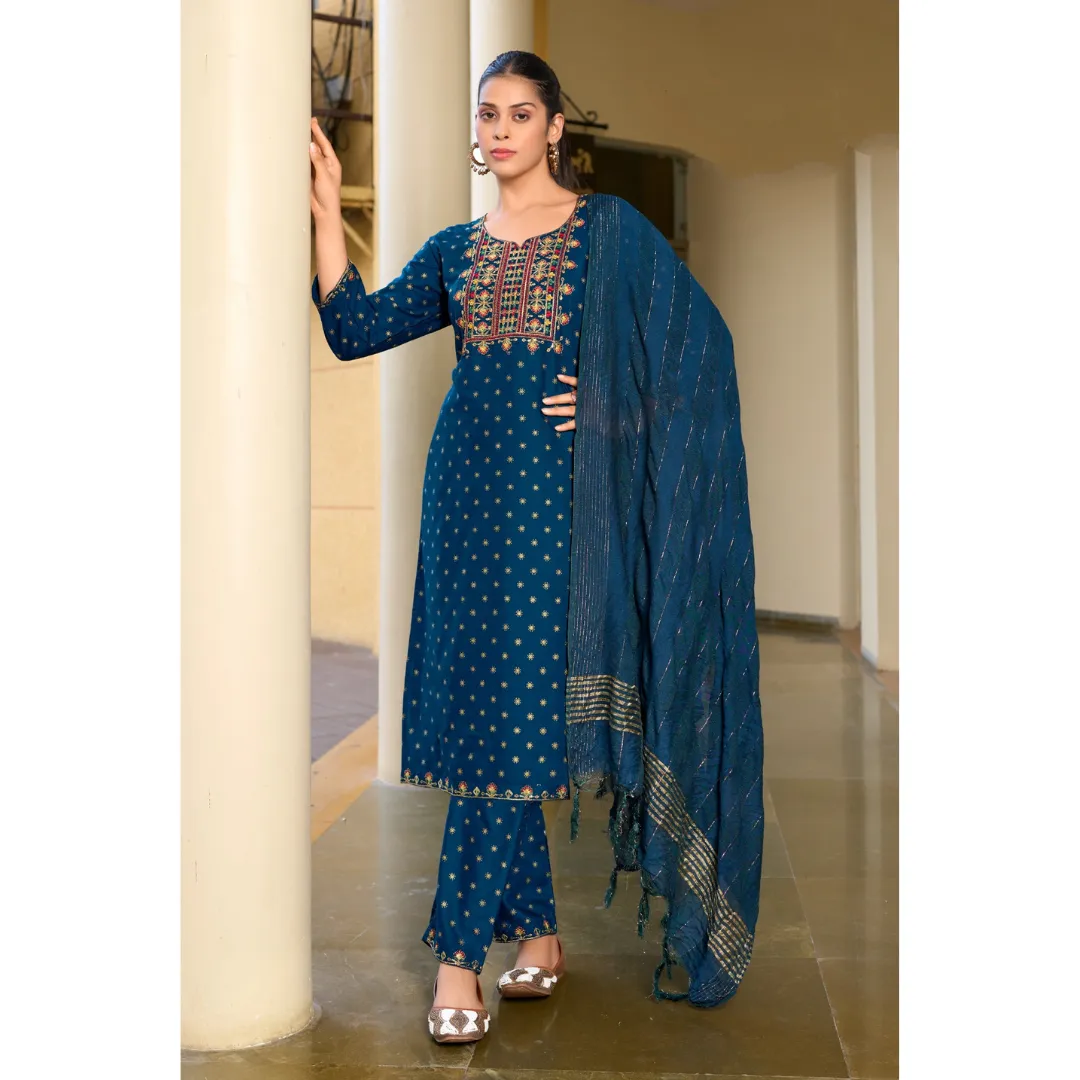 Women's Designer Blue Embroidery Kurta Pant Dupatta Set Party Wear