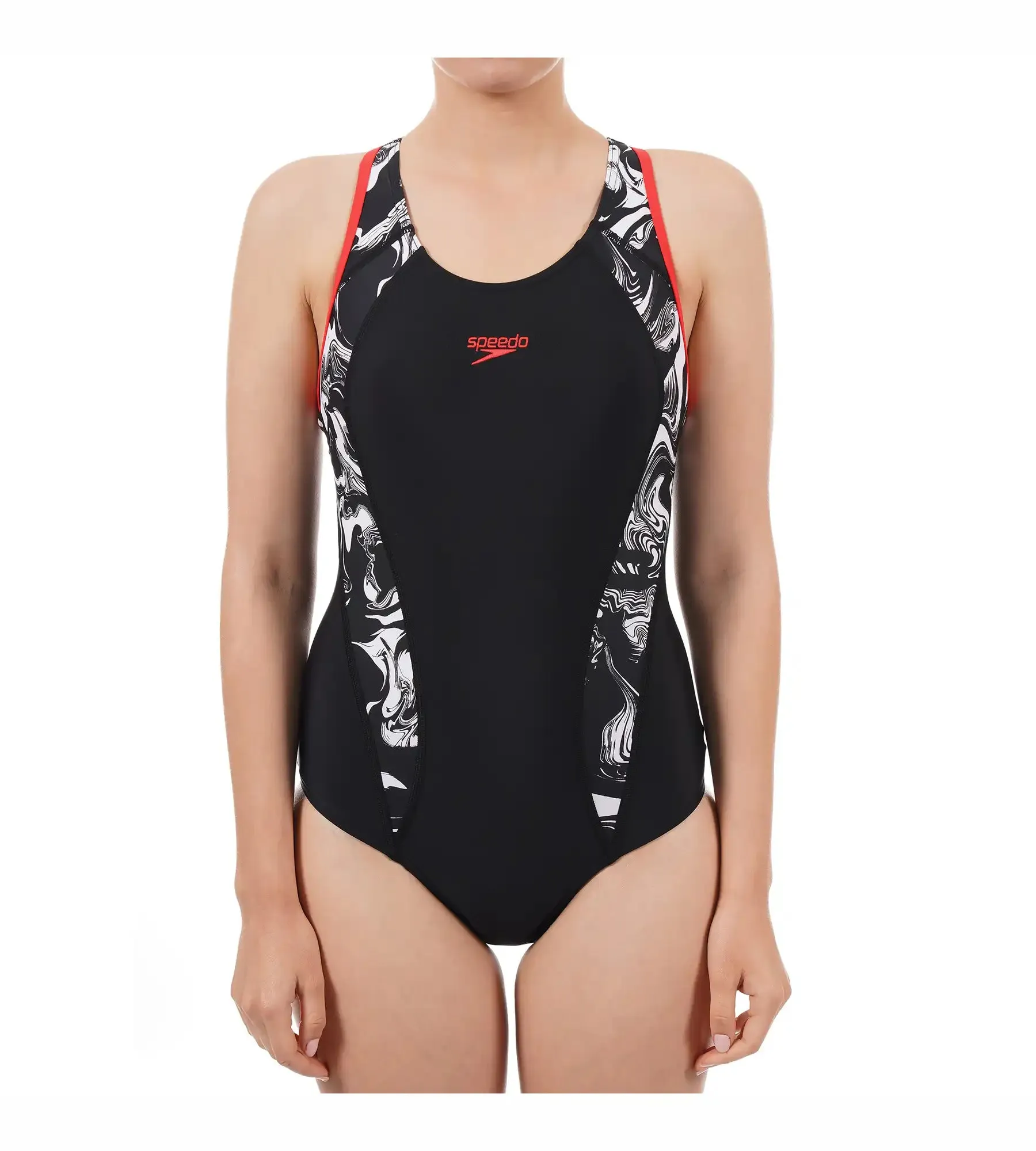 Women's Endurance Printed Fit Laneback One Piece Swimwear - Black  &  White