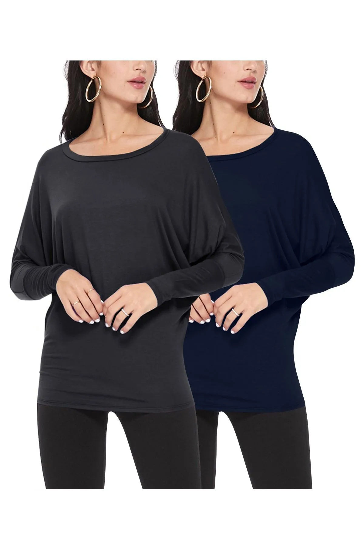 Women's Lightweight Solid Stretch Loose Fit Long Sleeve Dolman Tunic Top (Pack of 2)