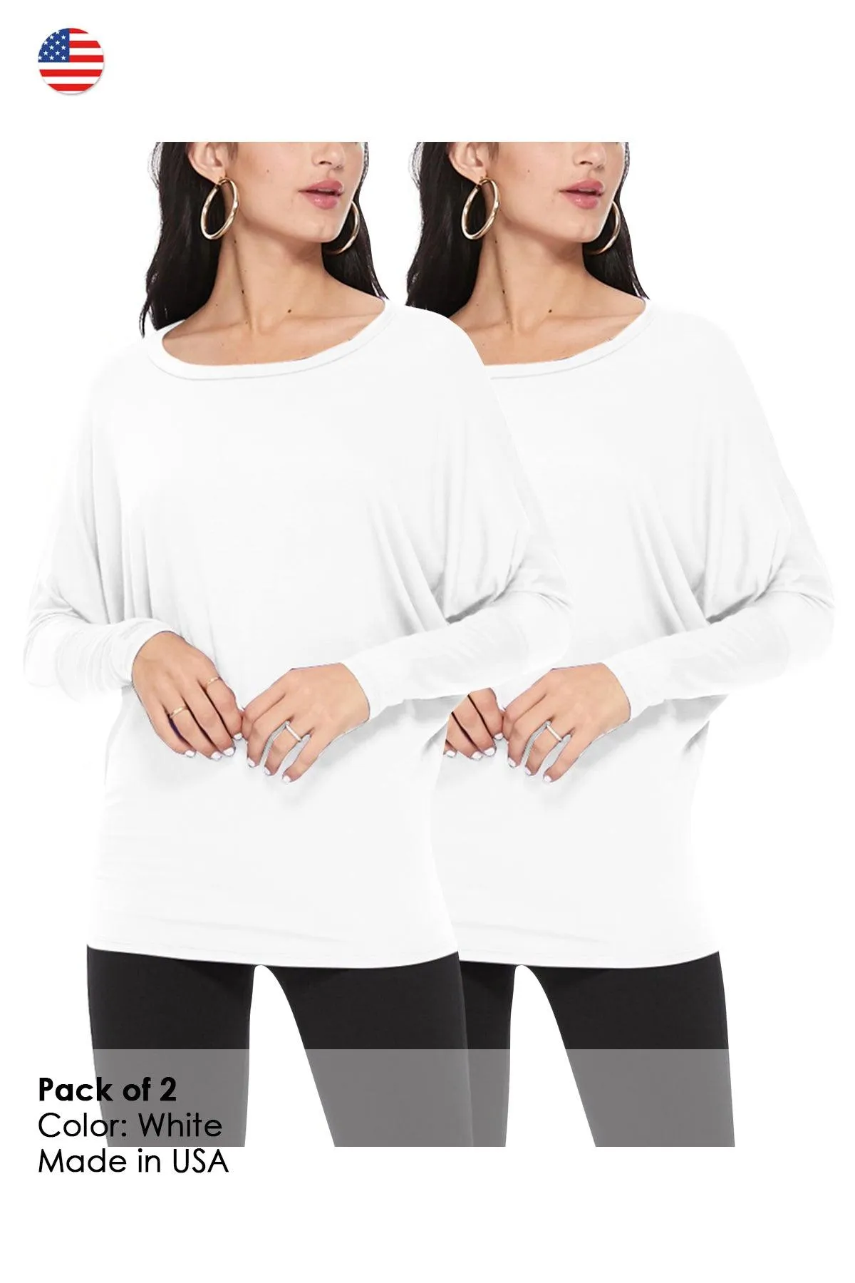 Women's Lightweight Solid Stretch Loose Fit Long Sleeve Dolman Tunic Top (Pack of 2)