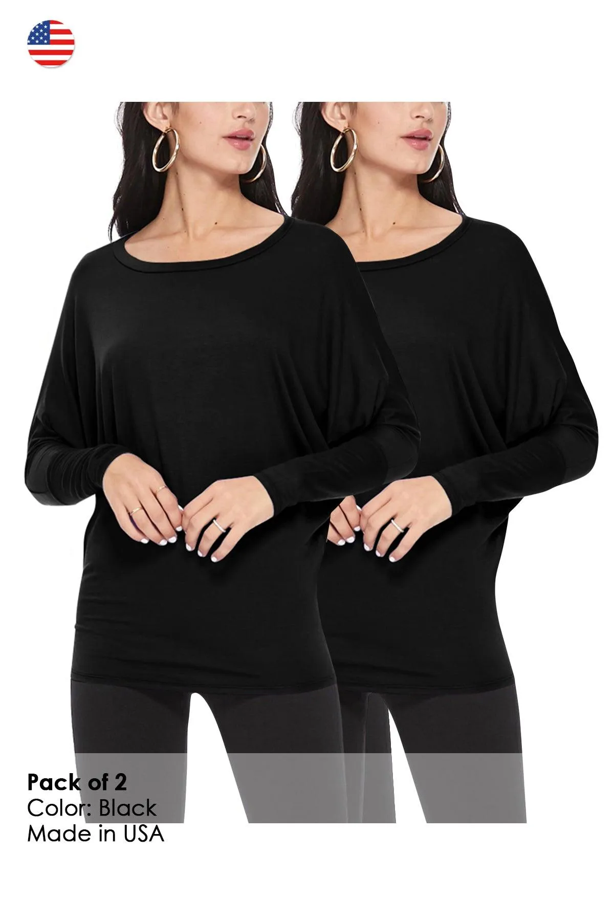 Women's Lightweight Solid Stretch Loose Fit Long Sleeve Dolman Tunic Top (Pack of 2)